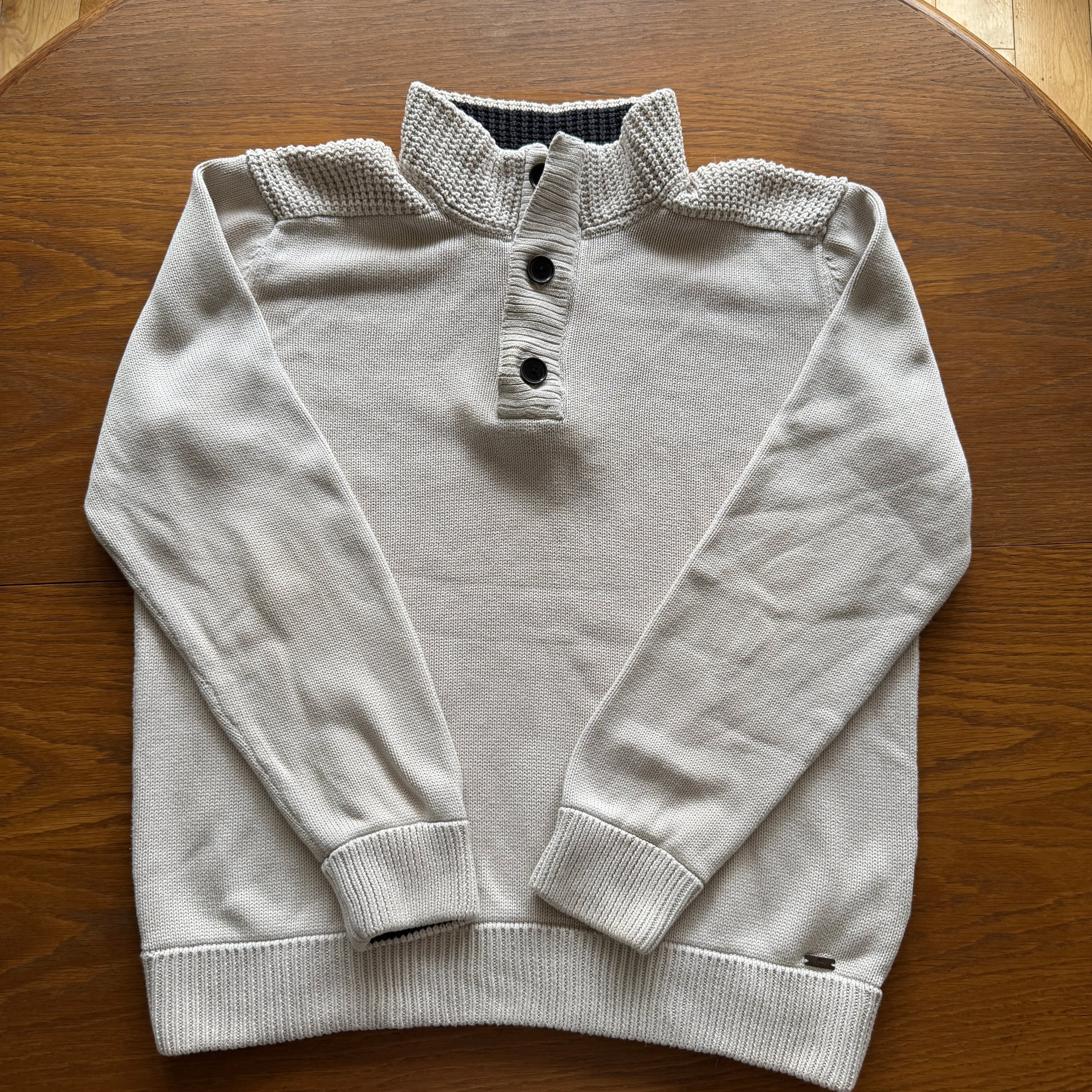 Timberland Men's XXL Beige Heavyweight Cotton Knit Button Neck Jumper Pullover