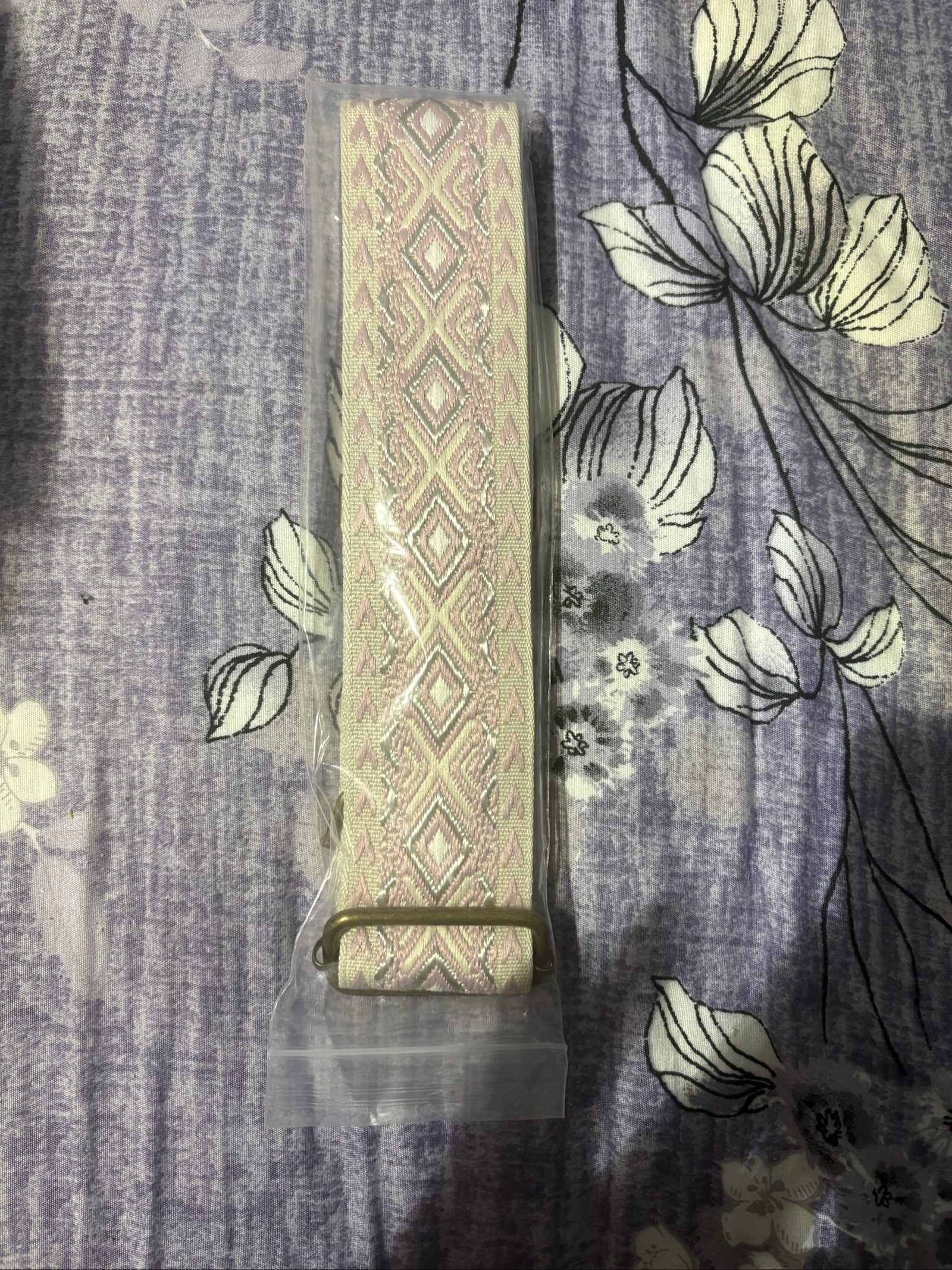 Pink & White Patterned Woven Fabric Belt with Metal Buckle