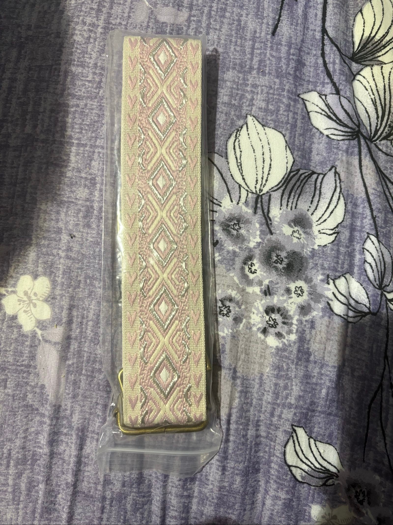 Pink & White Patterned Woven Fabric Belt with Metal Buckle image 2