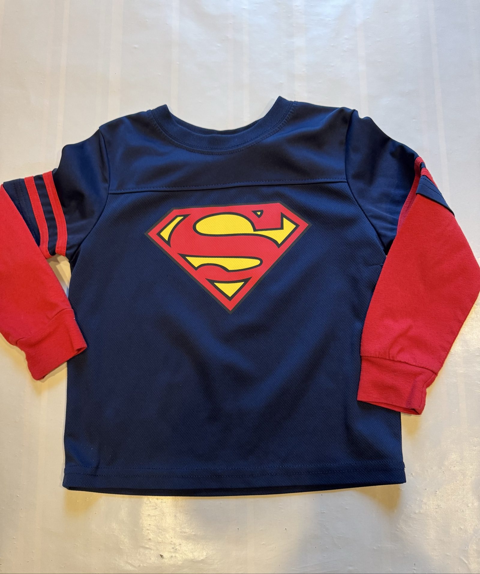 Boy’s Superman DC Comics Long Sleeve Athletic Jersey Shirt – Navy Blue Red – Size 4