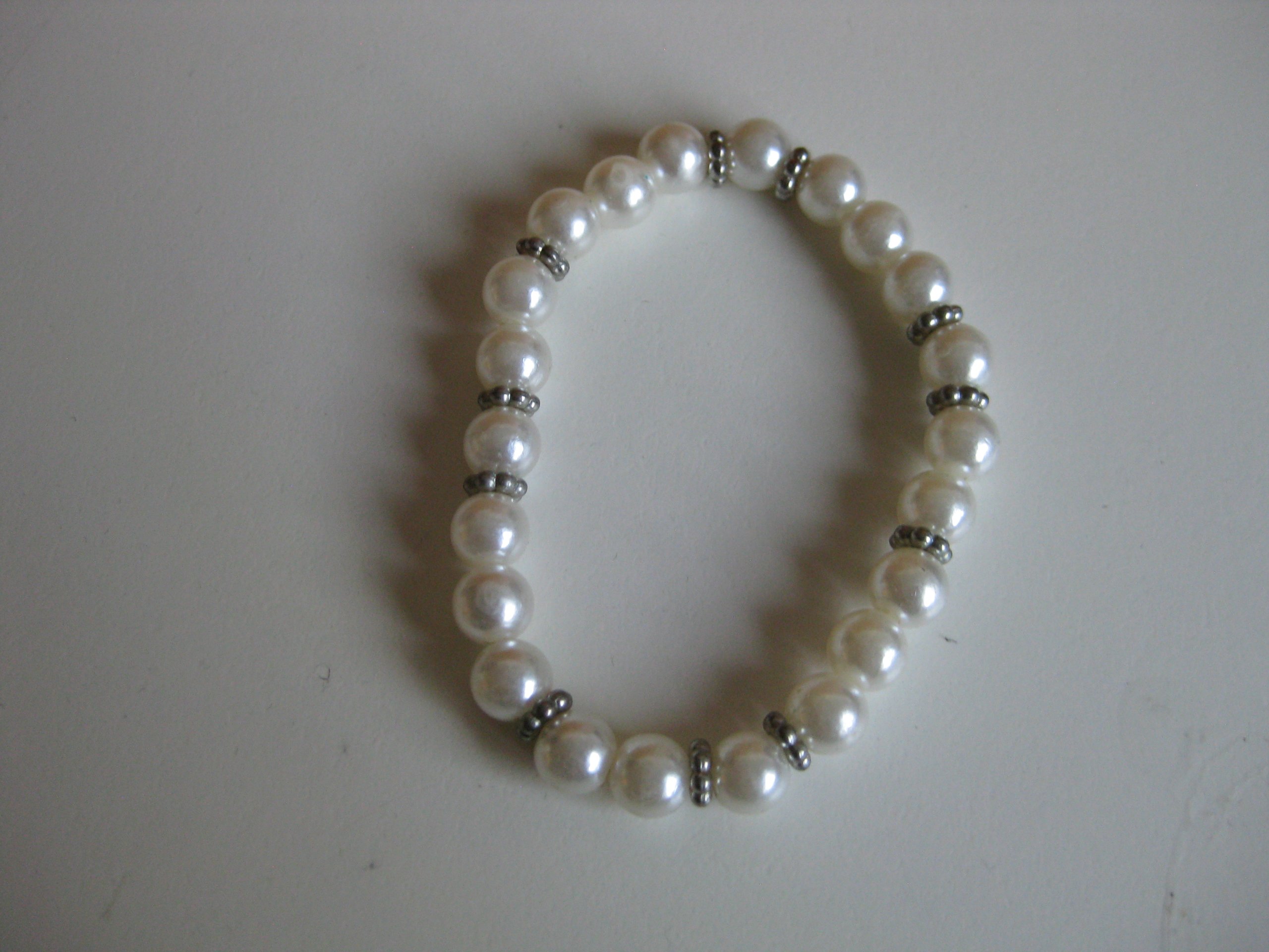 White Faux Pearl Beaded Stretch Bracelet Silver Accents Unisex