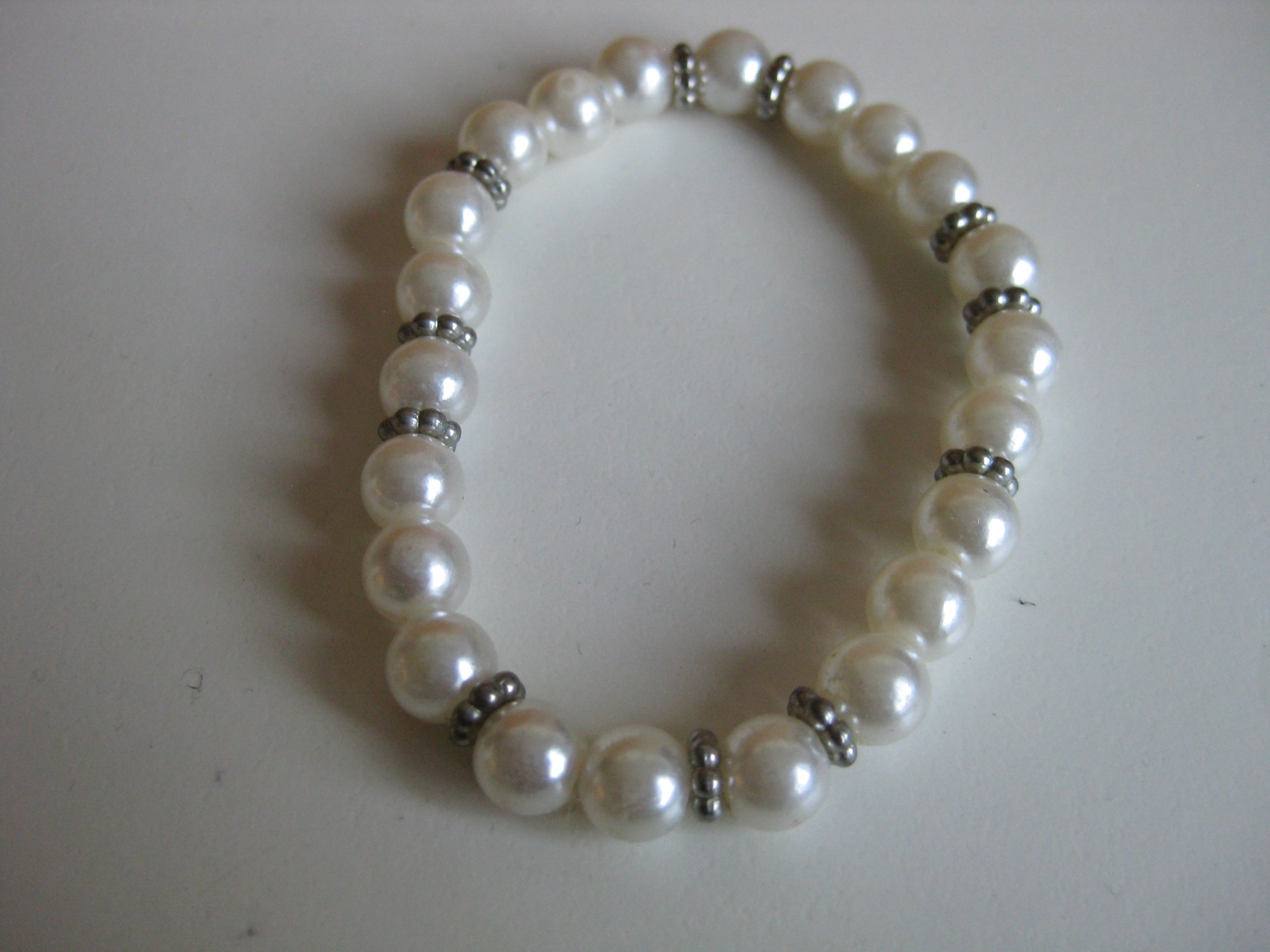 White Faux Pearl Beaded Stretch Bracelet Silver Accents Unisex image 2