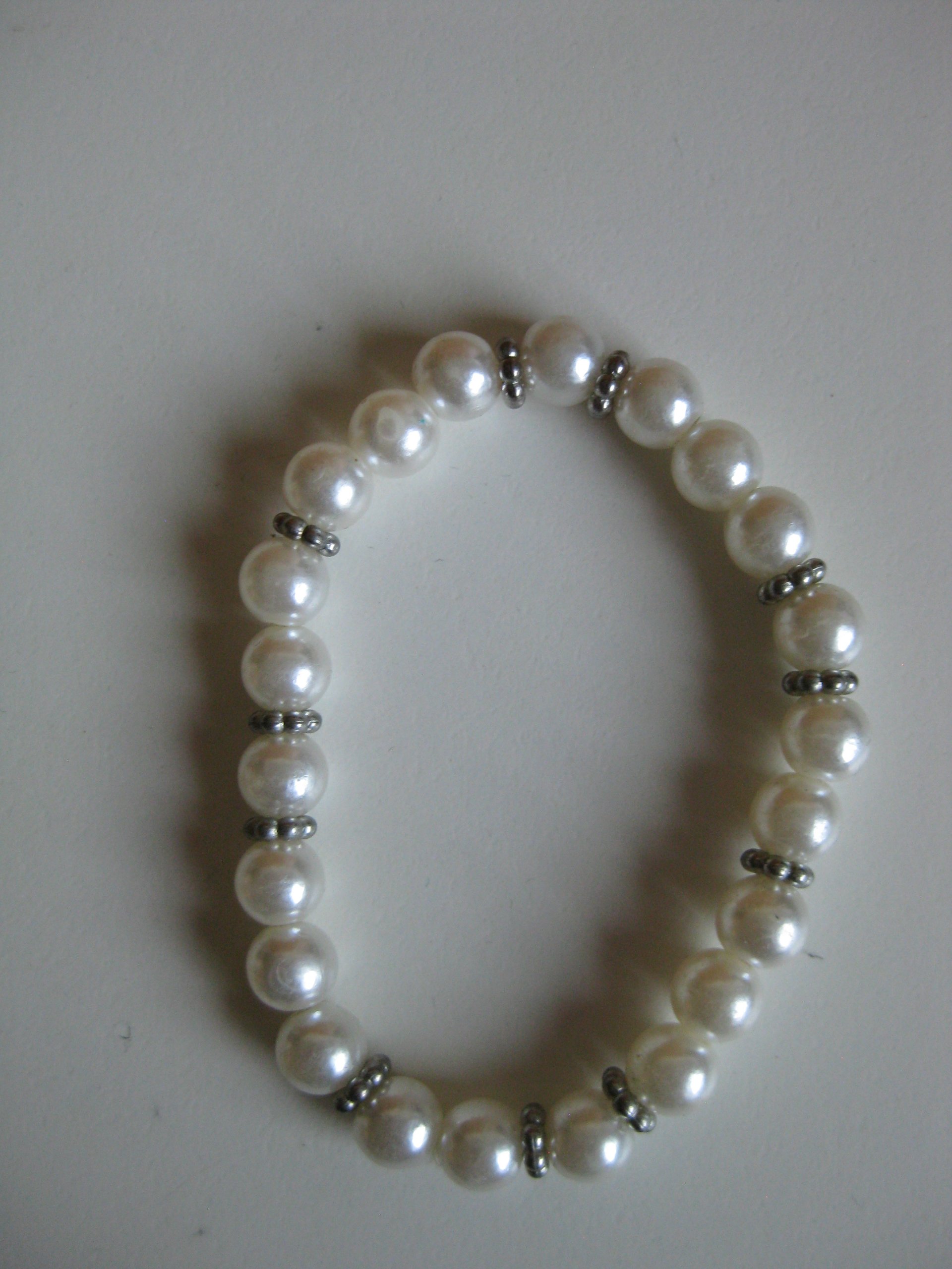 White Faux Pearl Beaded Stretch Bracelet Silver Accents Unisex image 4