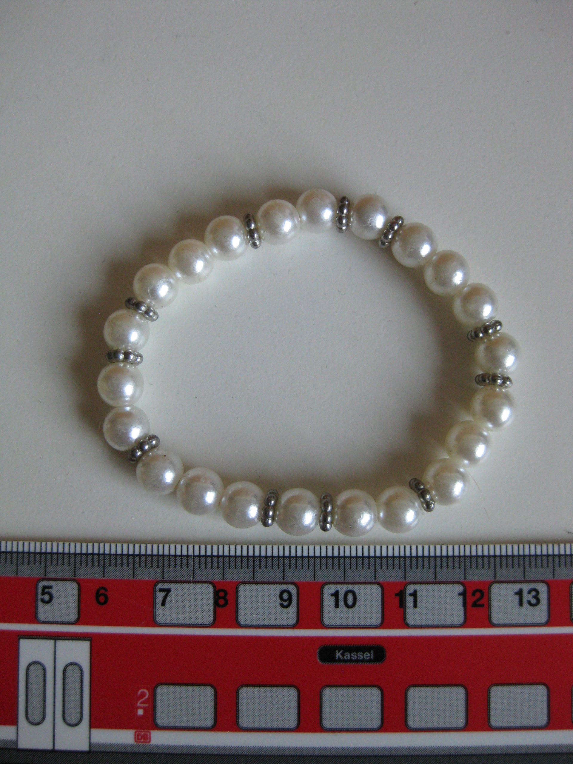 White Faux Pearl Beaded Stretch Bracelet Silver Accents Unisex image 6