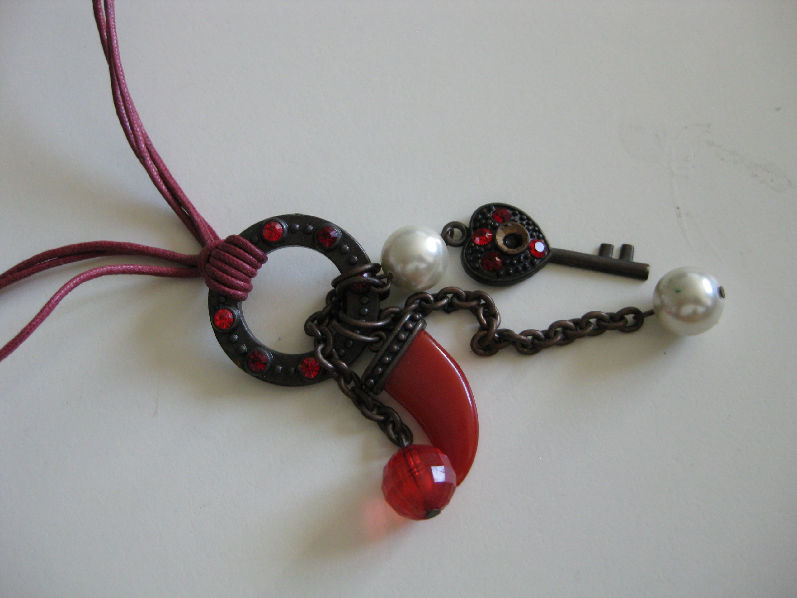 Red Pearl & Key Pendant Necklace with Red Cord Unisex