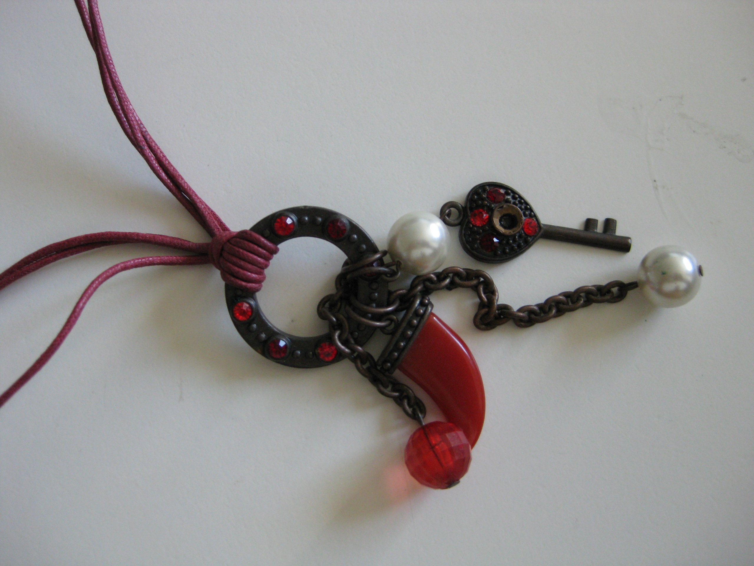 Red Pearl & Key Pendant Necklace with Red Cord Unisex image 2