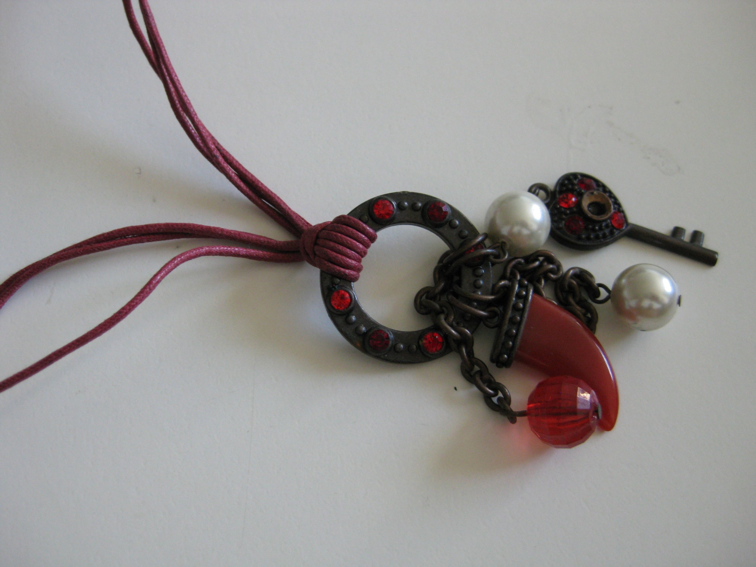 Red Pearl & Key Pendant Necklace with Red Cord Unisex image 5