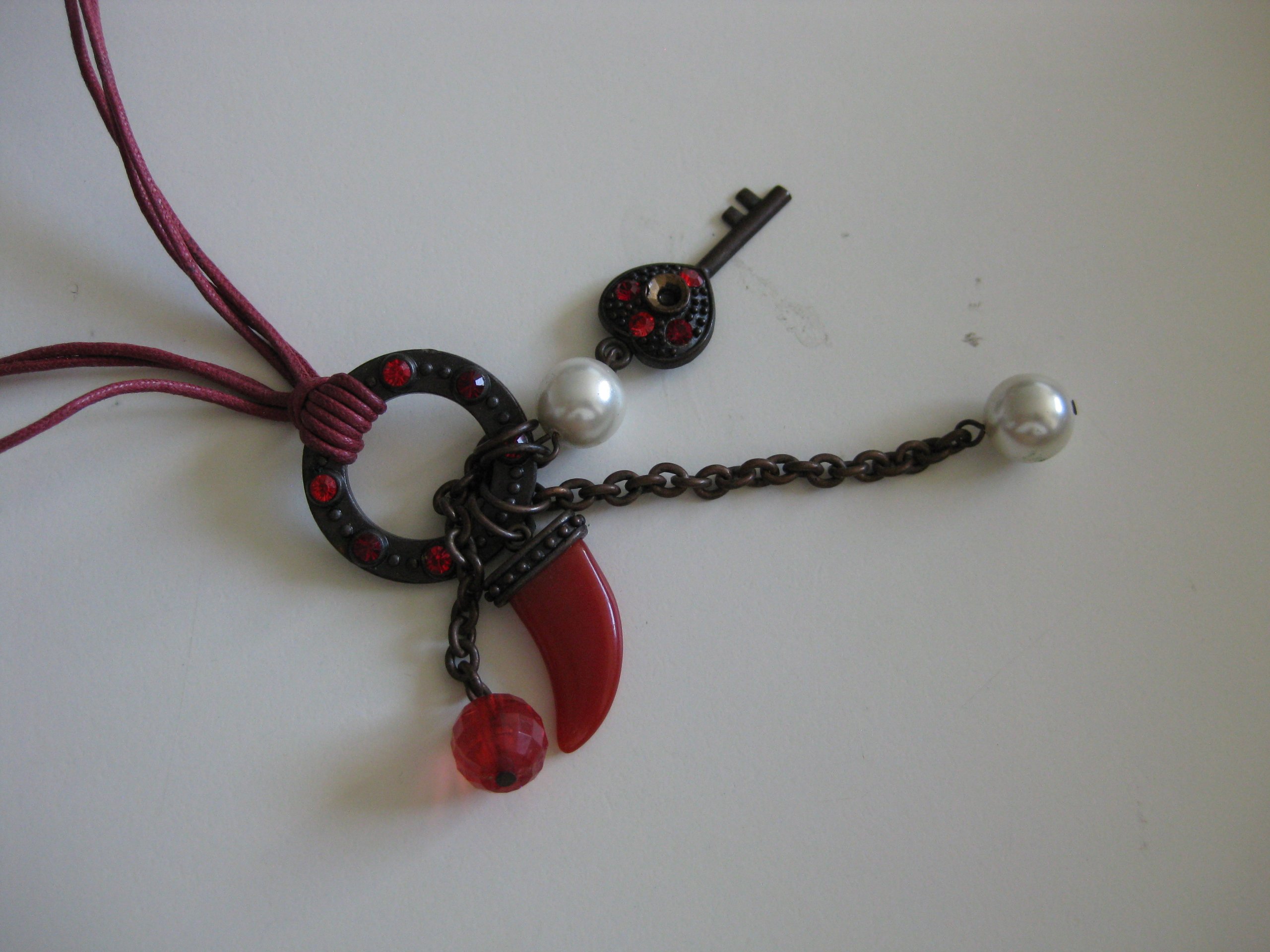Red Pearl & Key Pendant Necklace with Red Cord Unisex image 6