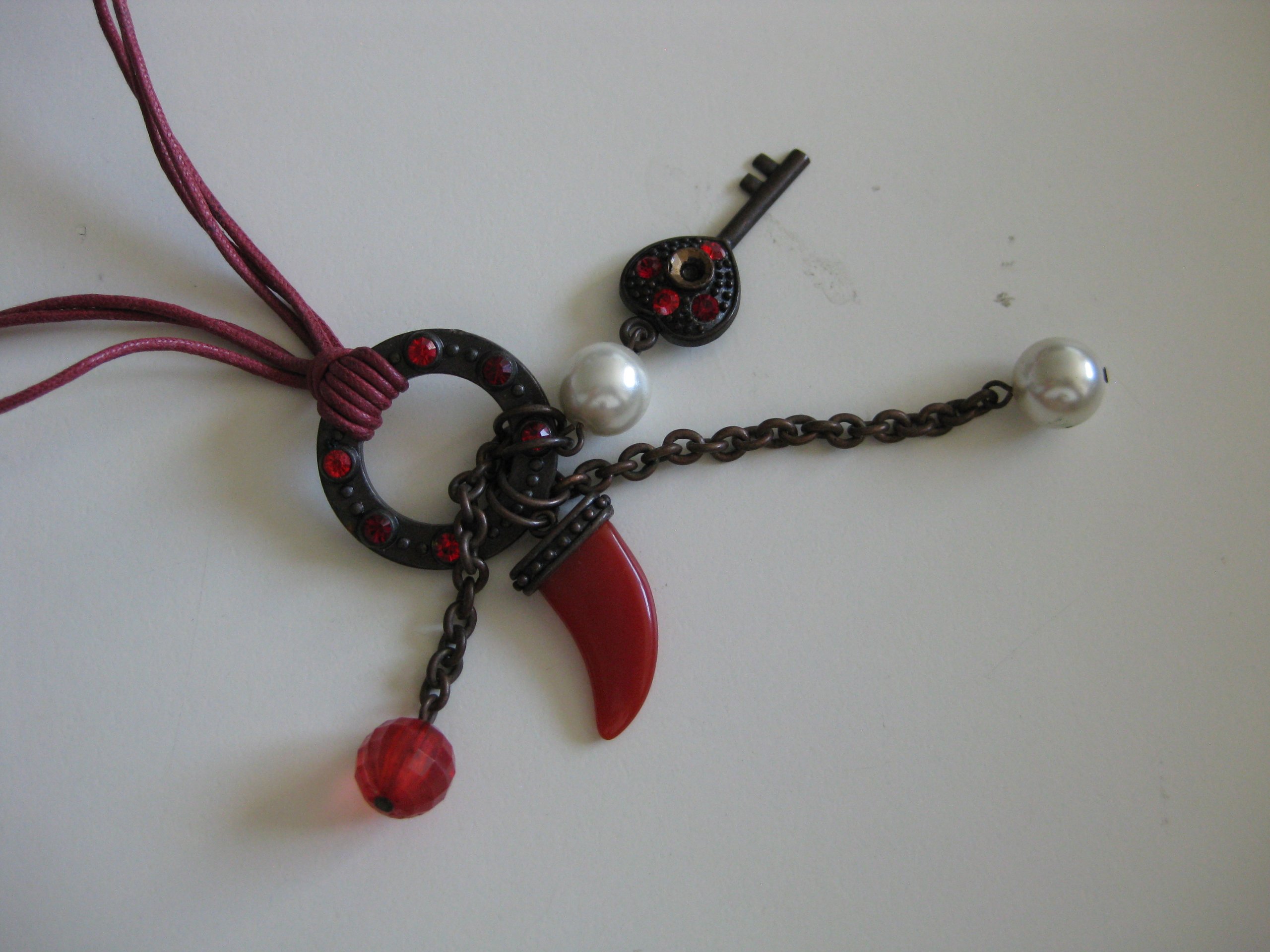 Red Pearl & Key Pendant Necklace with Red Cord Unisex image 7
