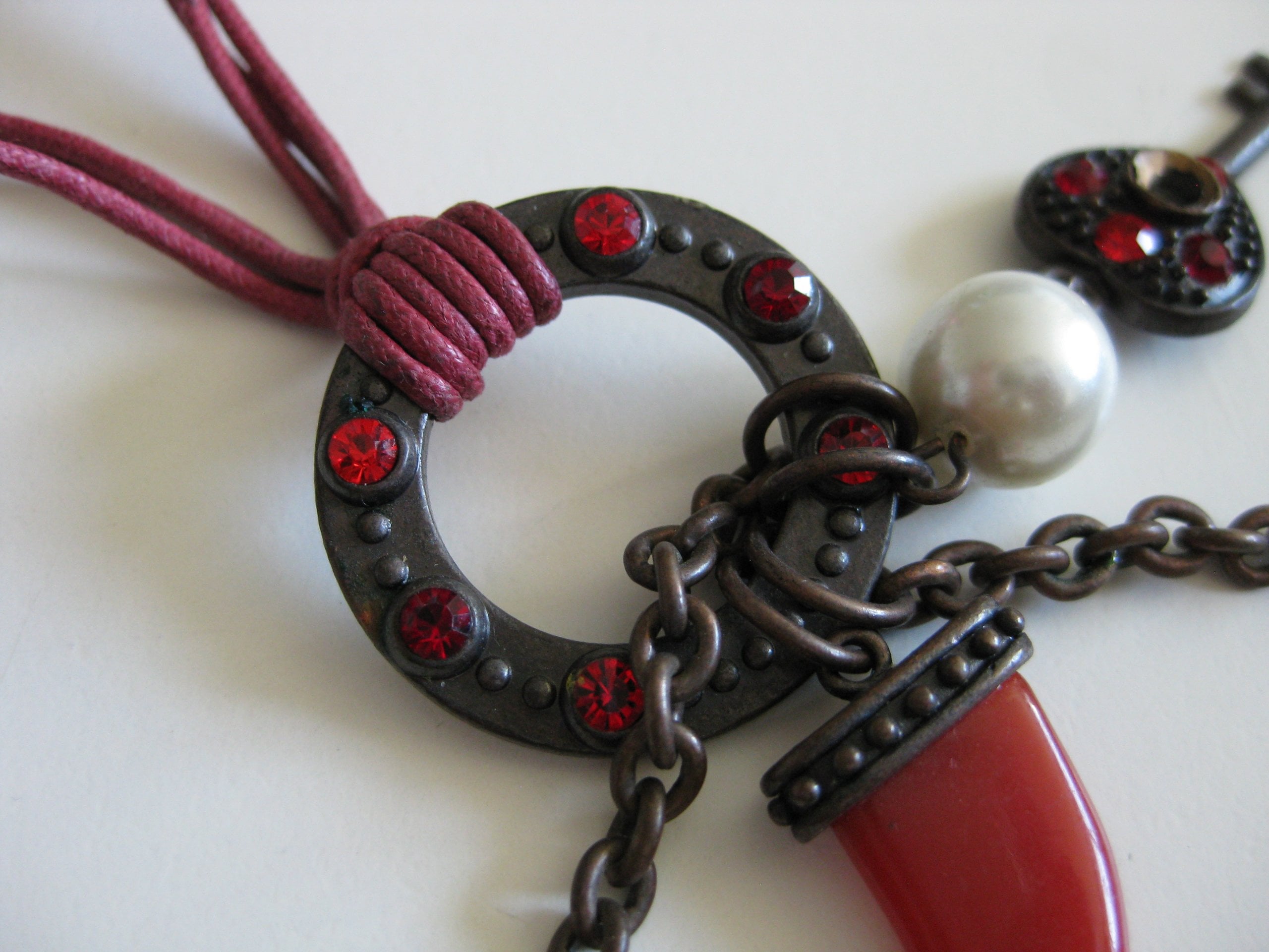 Red Pearl & Key Pendant Necklace with Red Cord Unisex image 8