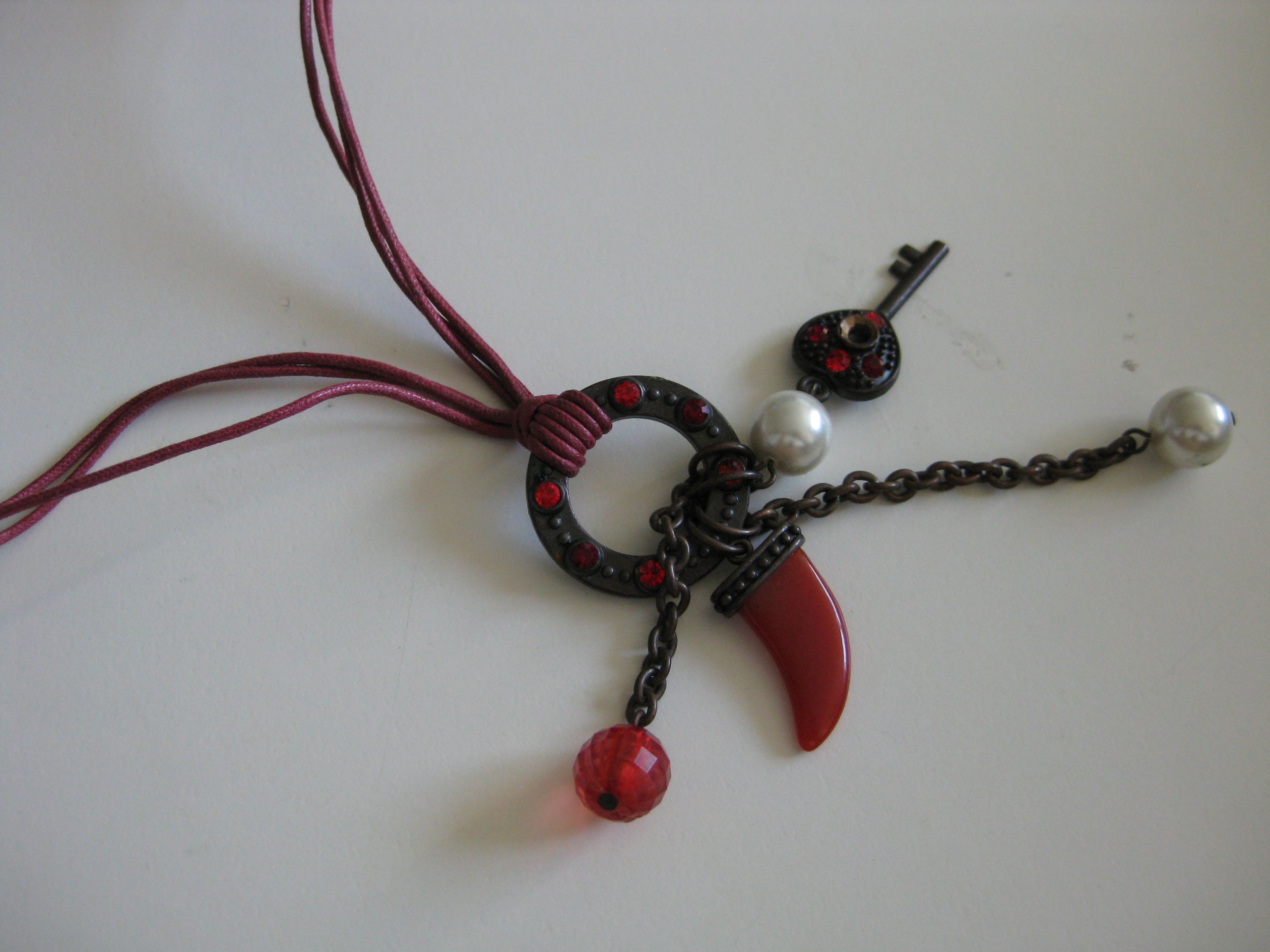 Red Pearl & Key Pendant Necklace with Red Cord Unisex image 9