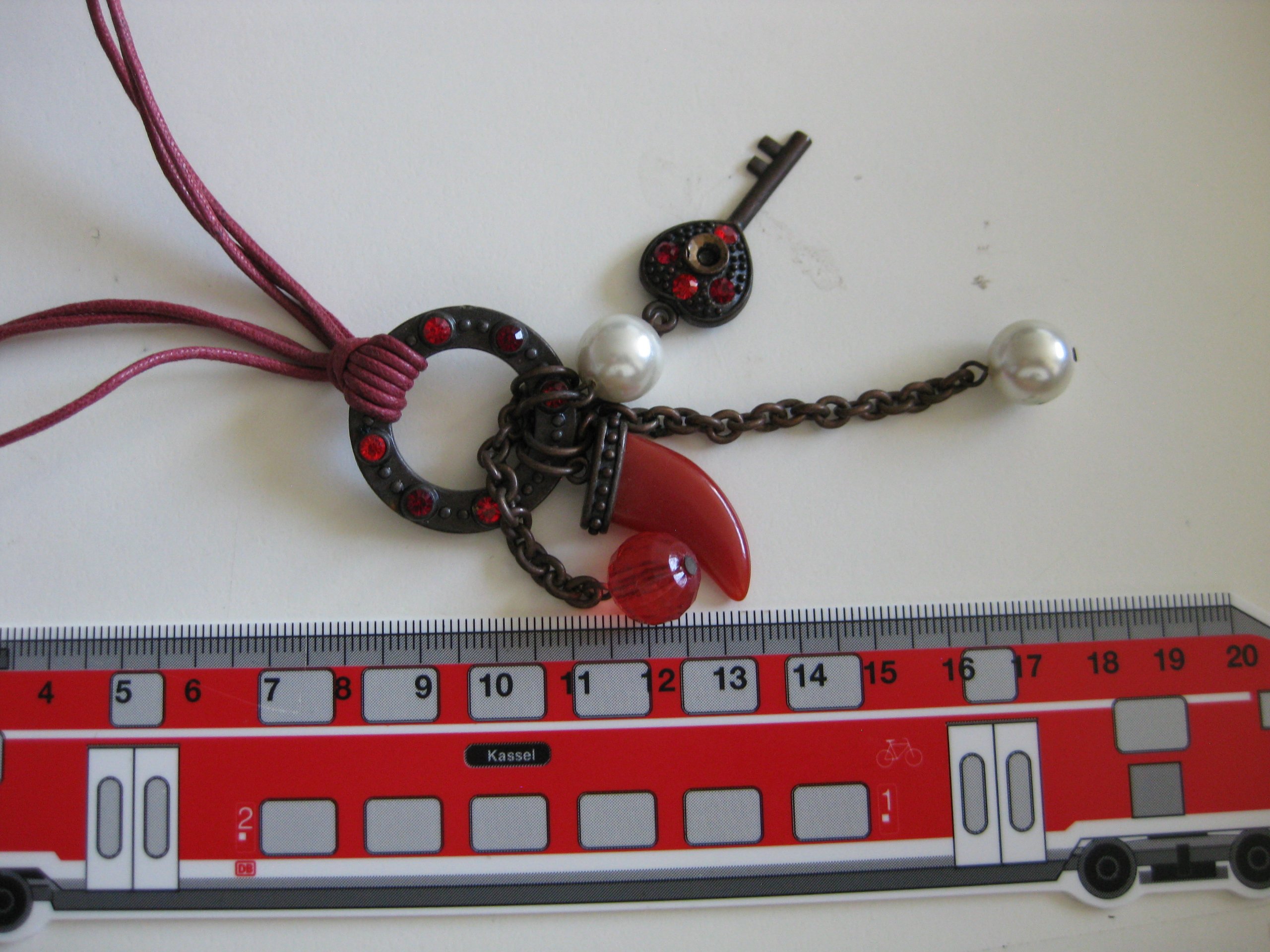 Red Pearl & Key Pendant Necklace with Red Cord Unisex image 10