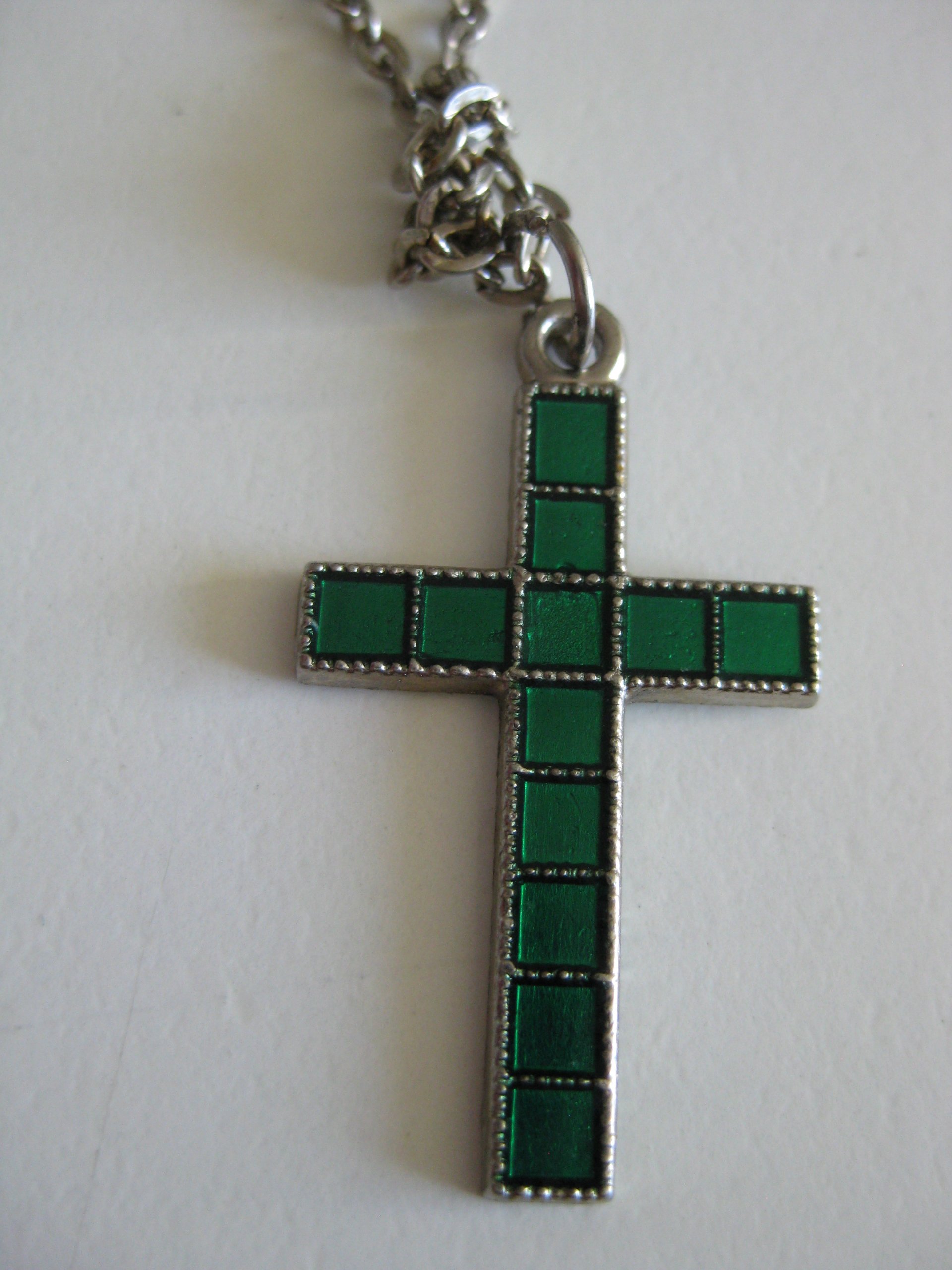 Silver & Green Cross Pendant Necklace Unisex Jewel-Ja-3 image 5