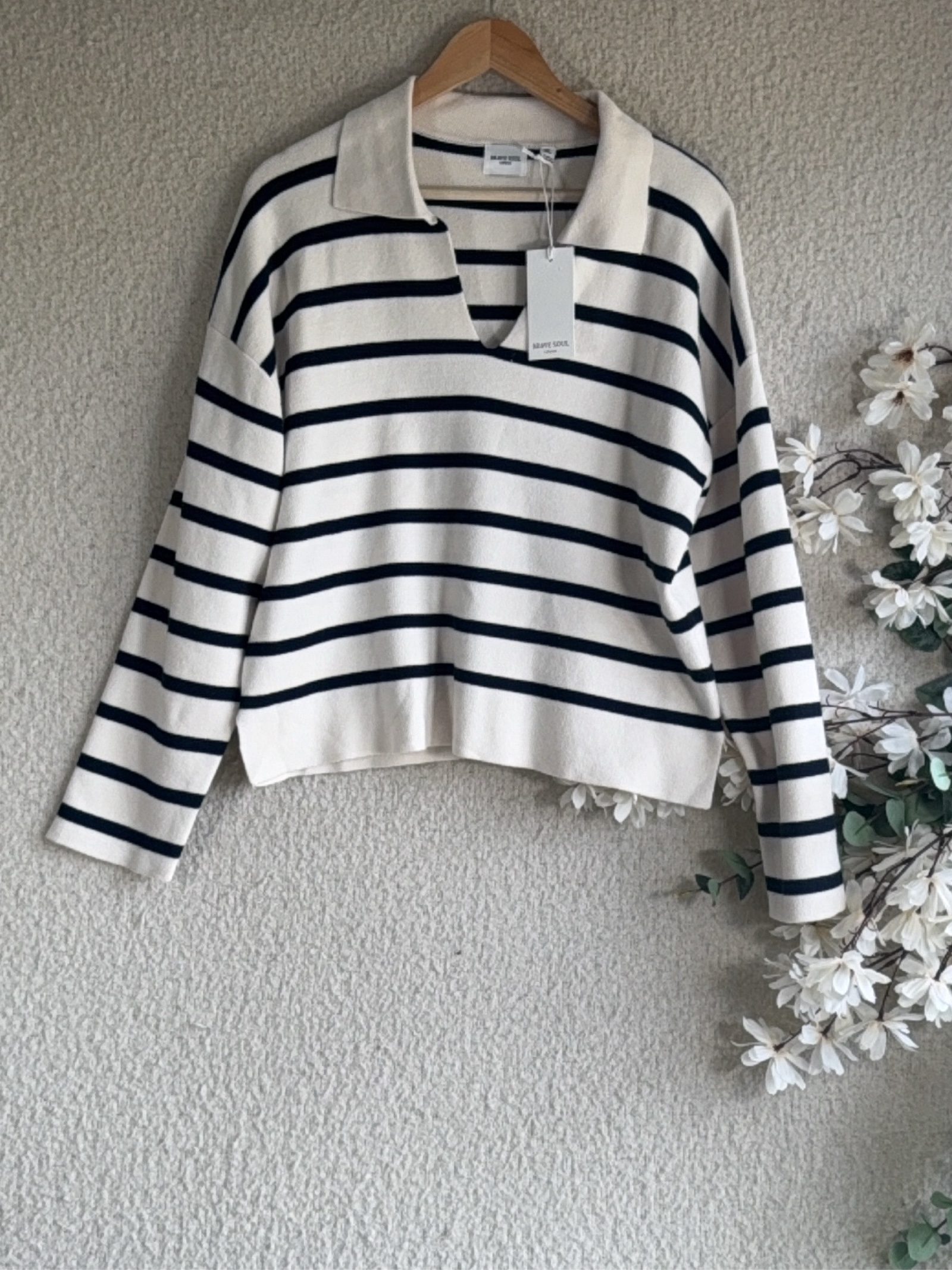 Brave Soul Women's Black & White Striped Polo Sweater XL Comfortable Soft Knitwear