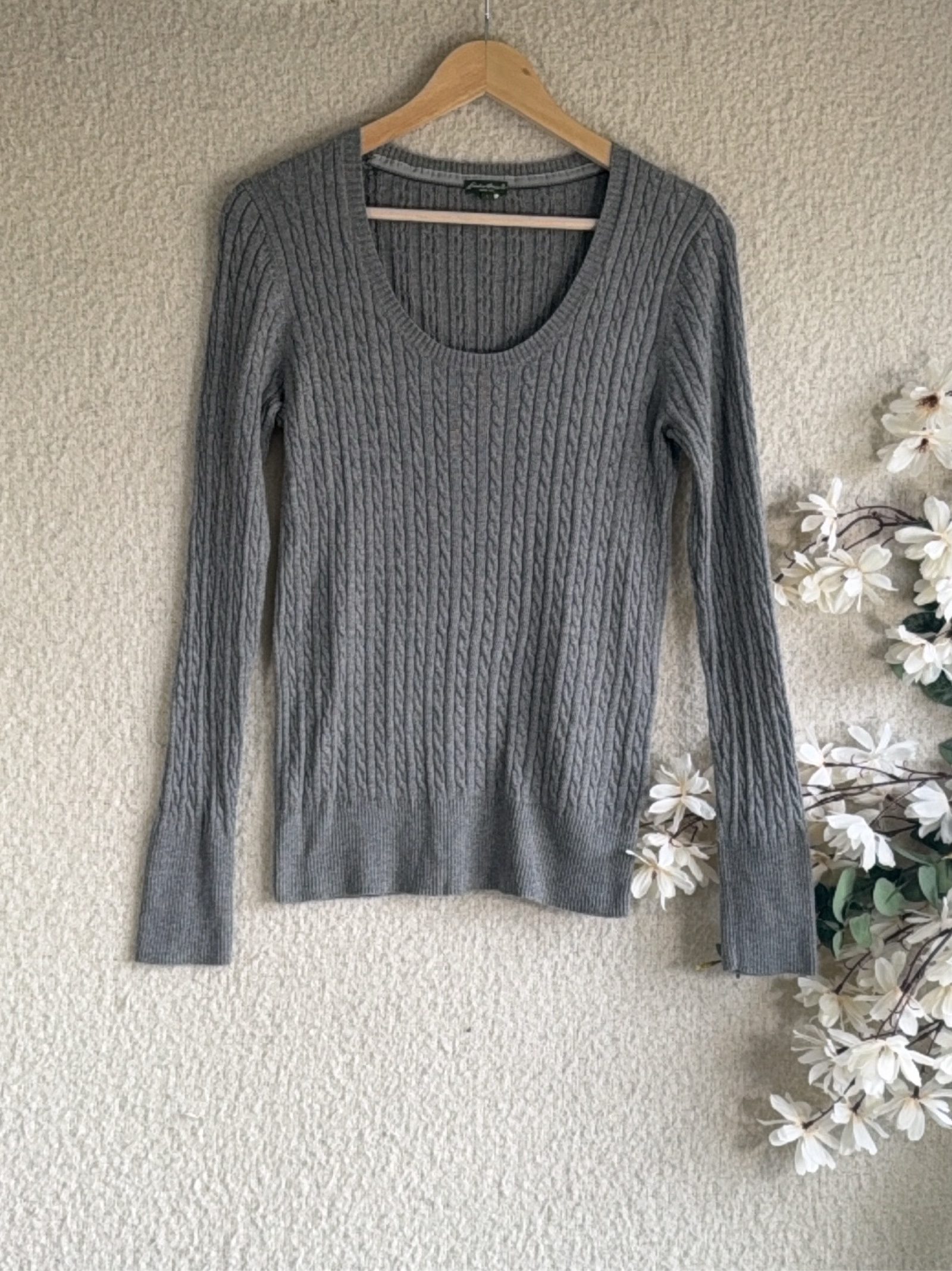Eddie Bauer Grey Cable Knit Cotton Nylon Sweater Large Women's Classic Fit