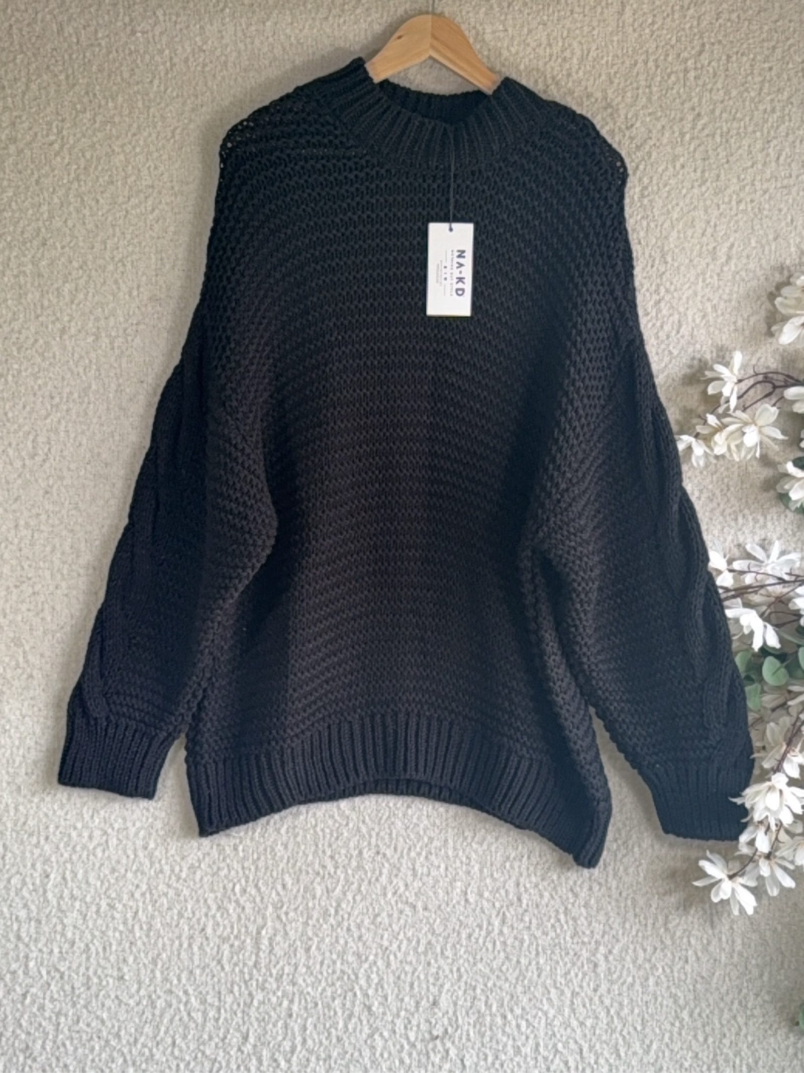 NA-KD Black Chunky Knit Cable Sleeve Sweater Womens XL Cozy Casual Jumper
