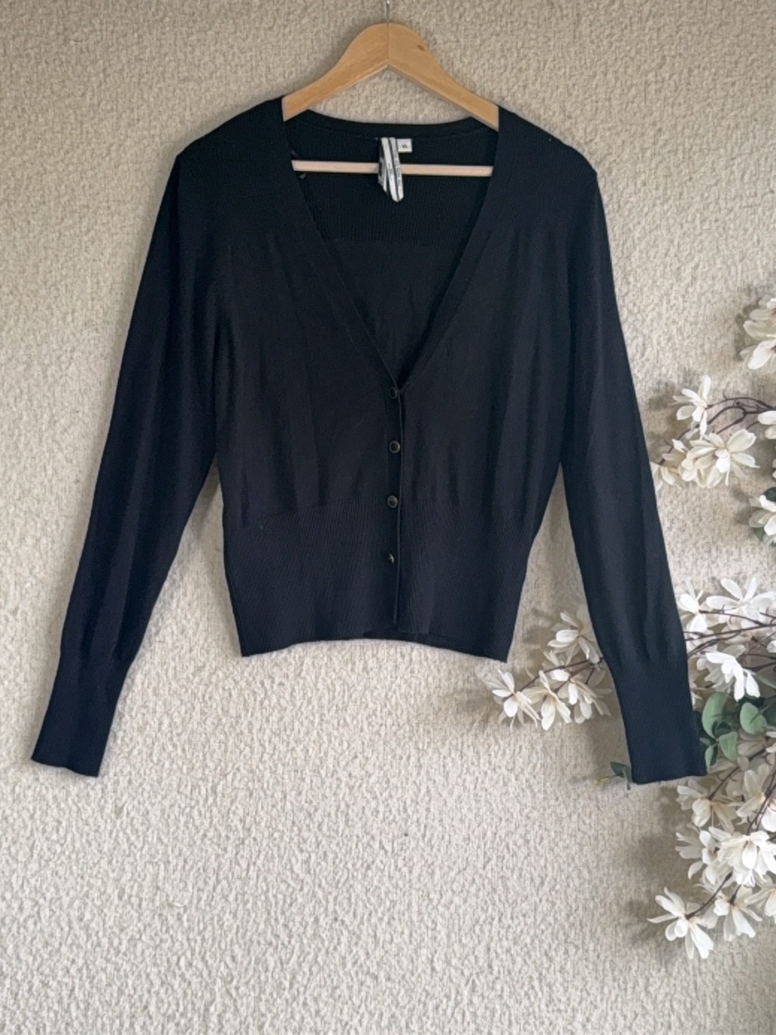 new look Black Button Front V Neck Cardigan UK 16 Viscose Nylon Blend