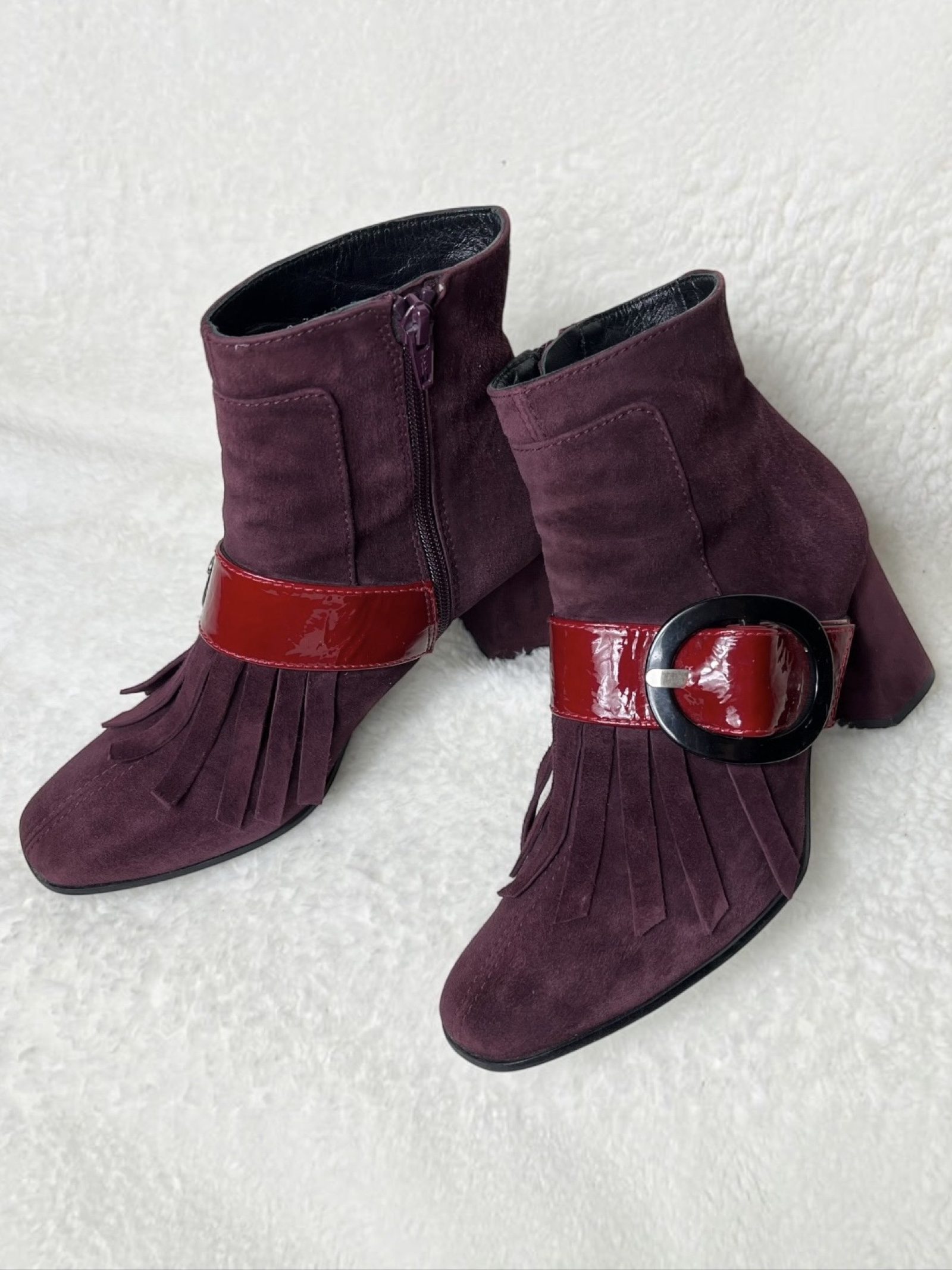 Paco Gil Vintage Echtleder Boots suede patent leather Burgundy Fringe buckle Y2K image 3