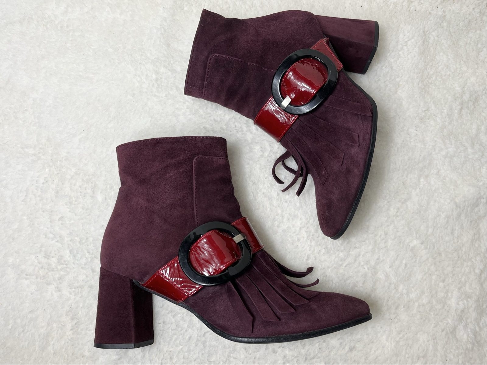 Paco Gil Vintage Echtleder Boots suede patent leather Burgundy Fringe buckle Y2K