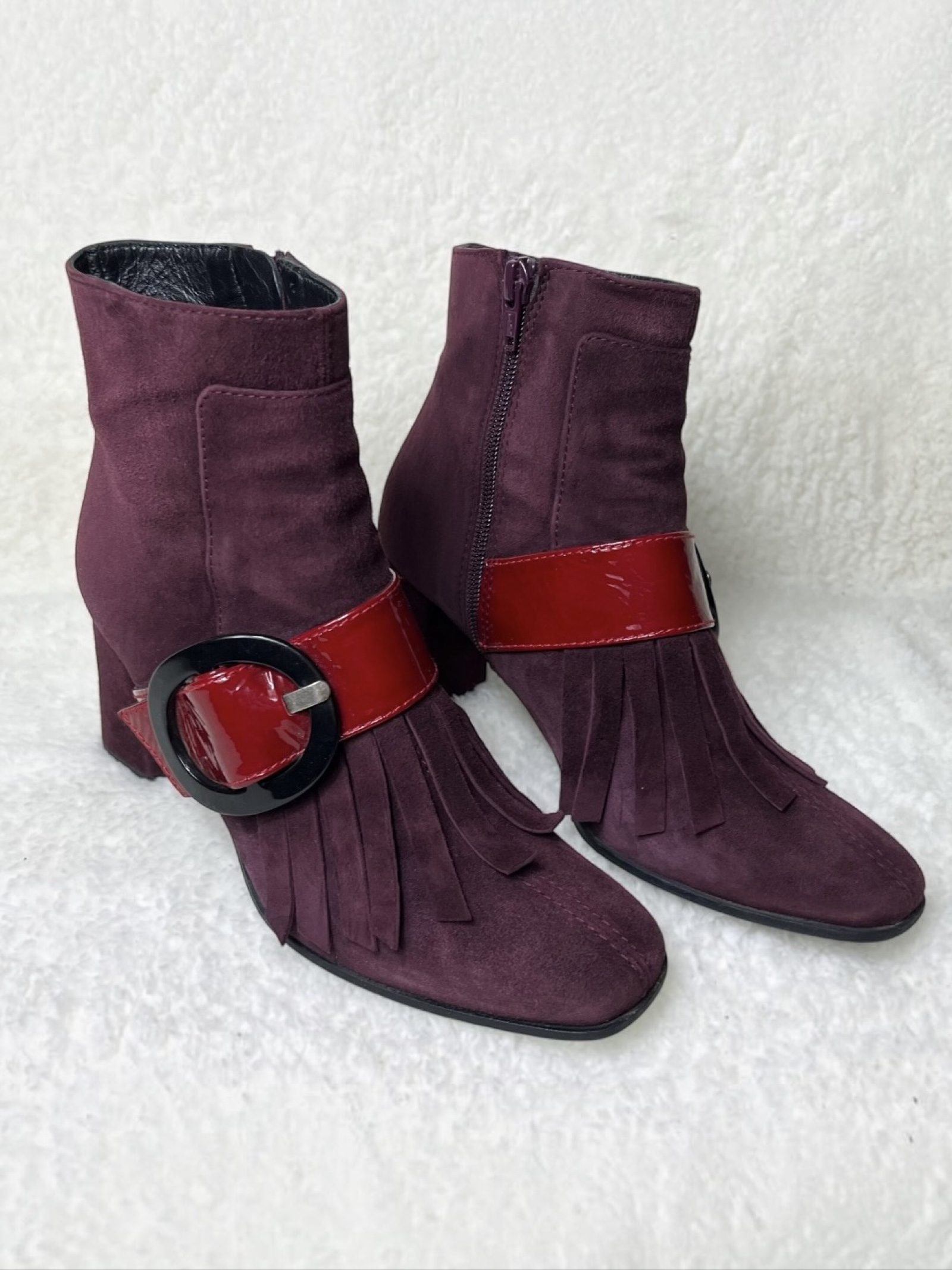 Paco Gil Vintage Echtleder Boots suede patent leather Burgundy Fringe buckle Y2K image 2
