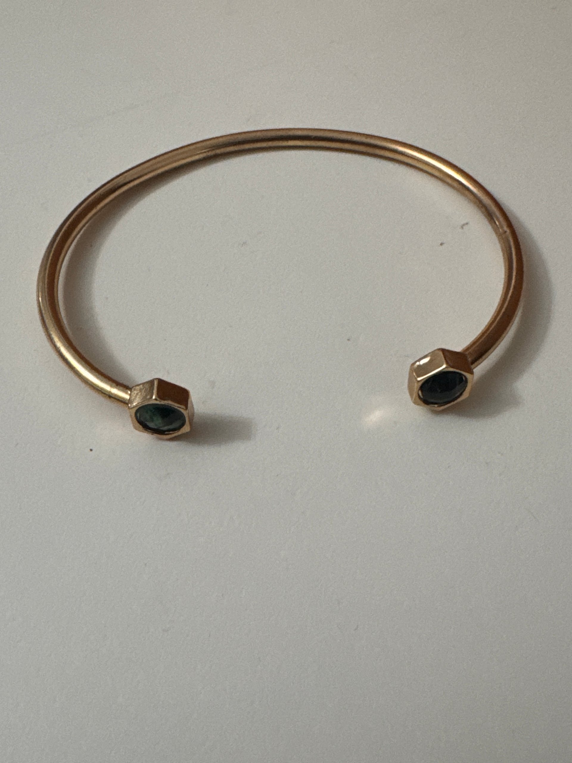 Gold Tone Open Cuff Bracelet with Green & Black Stones Jewel-Ja-6