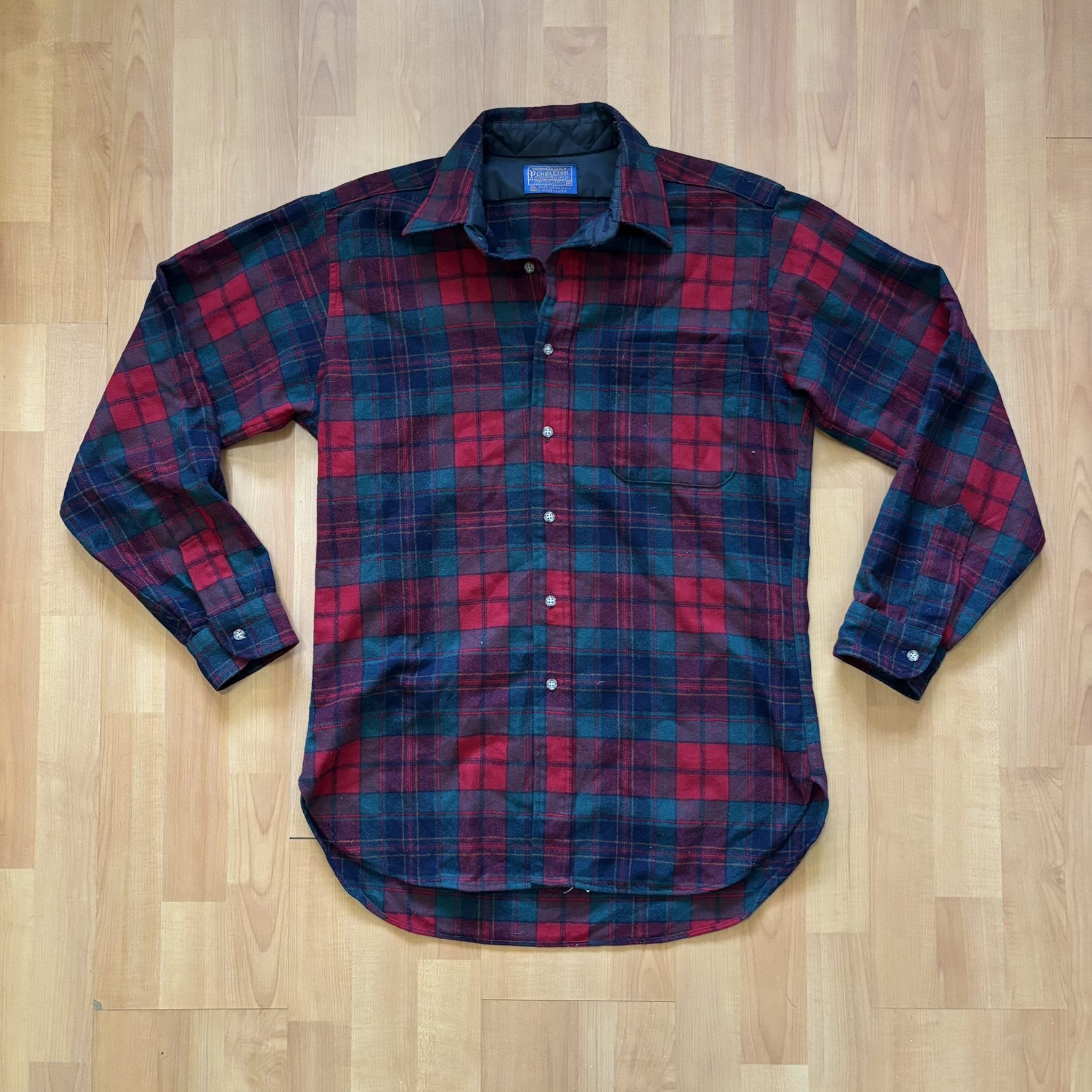 Vintage 80s Pendleton Red & Navy Plaid Wool Shirt Medium Quilted Lining