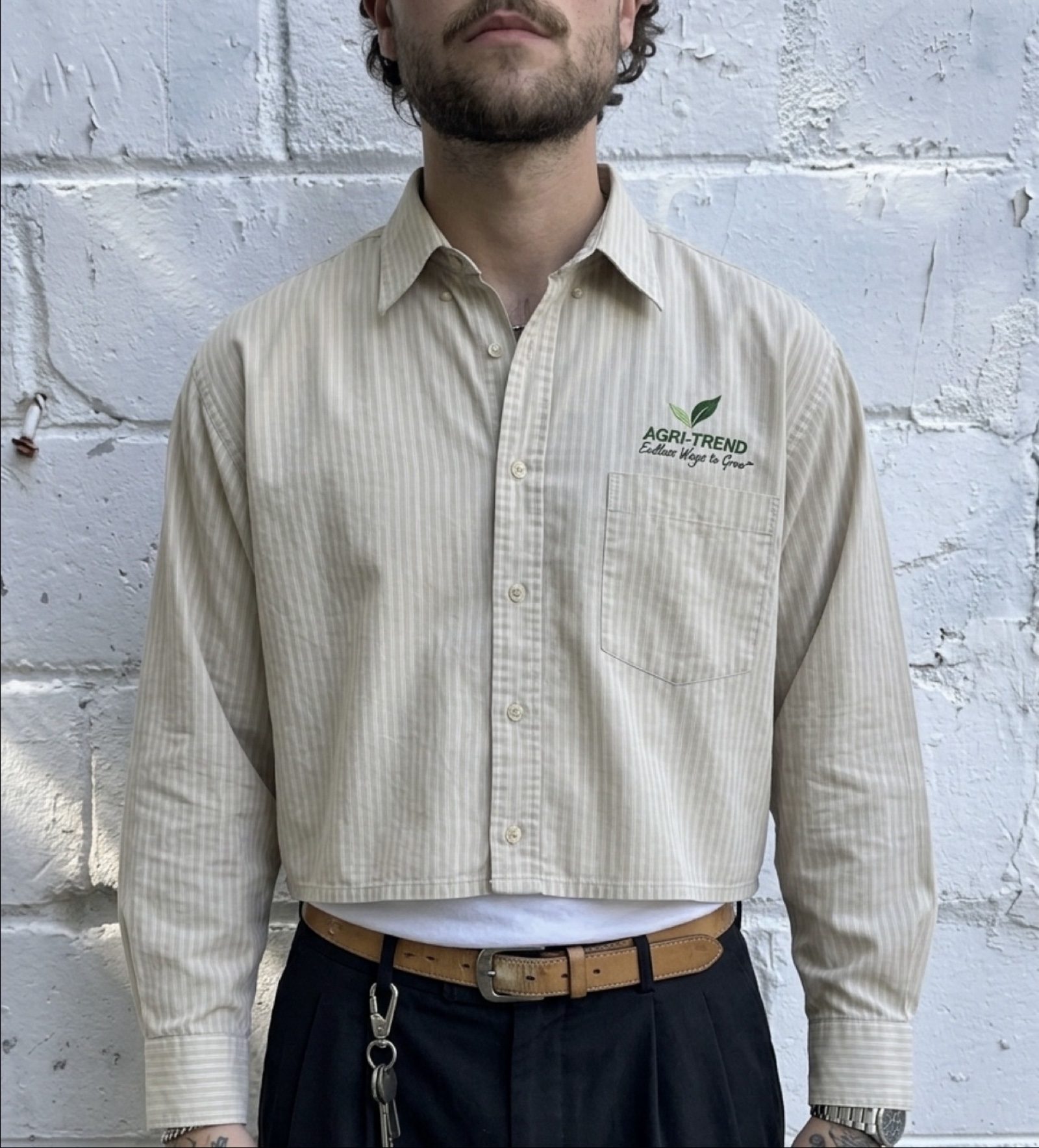 Malione Beige Striped Embroidered Logo Shirt Large