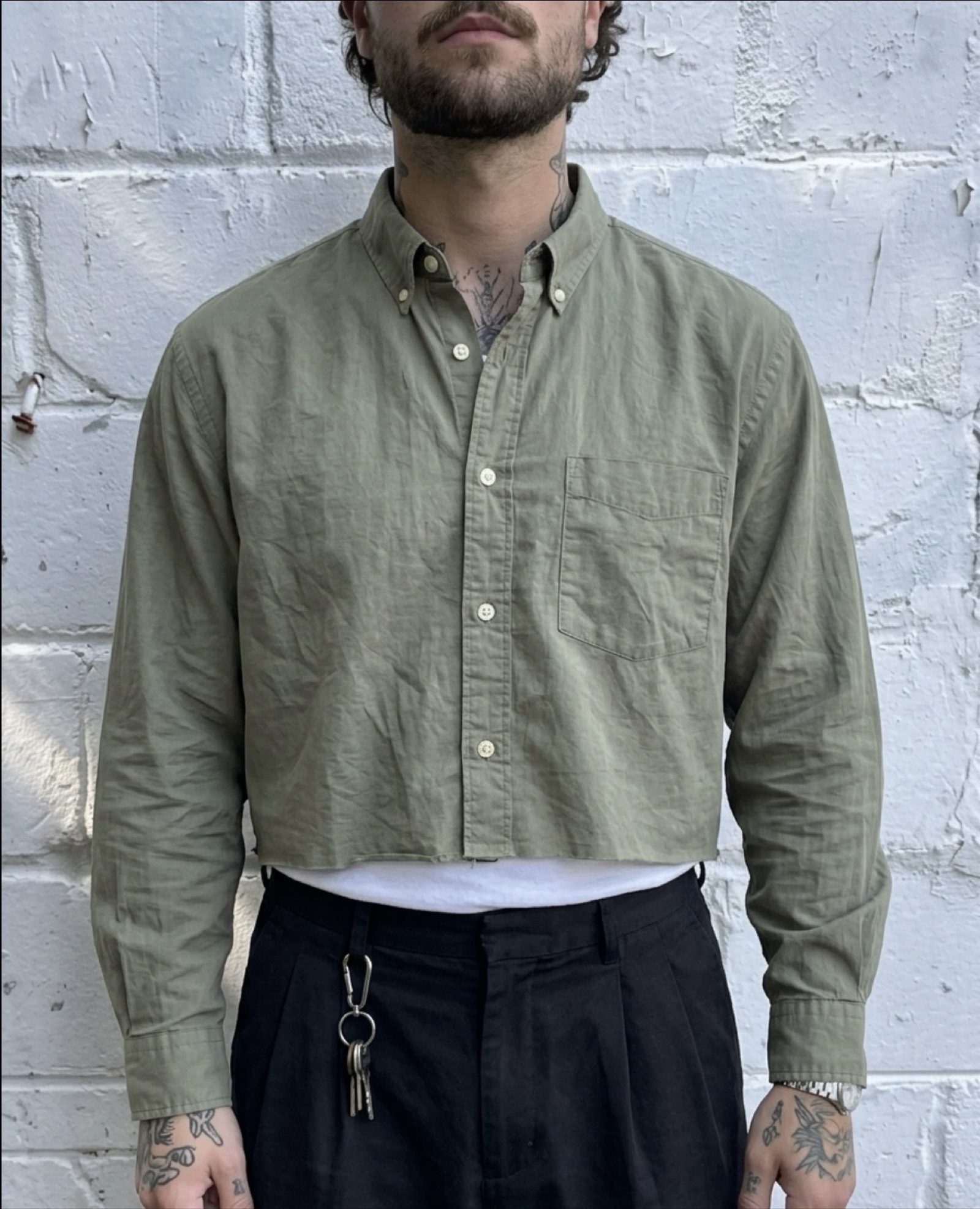 H&M Men's Olive Green Button-Up Linen Shirt Large