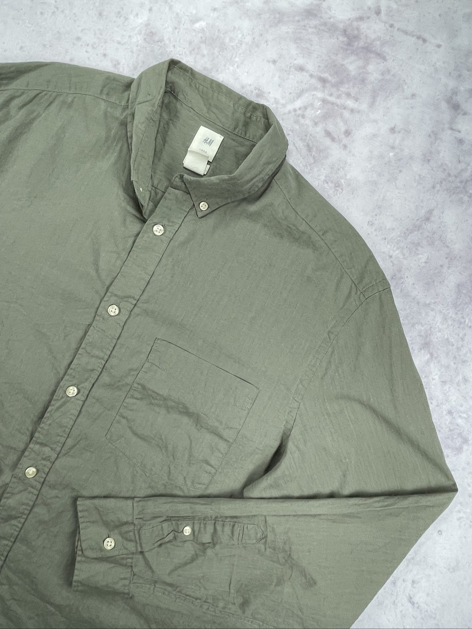 H&M Men's Olive Green Button-Up Linen Shirt Large image 2