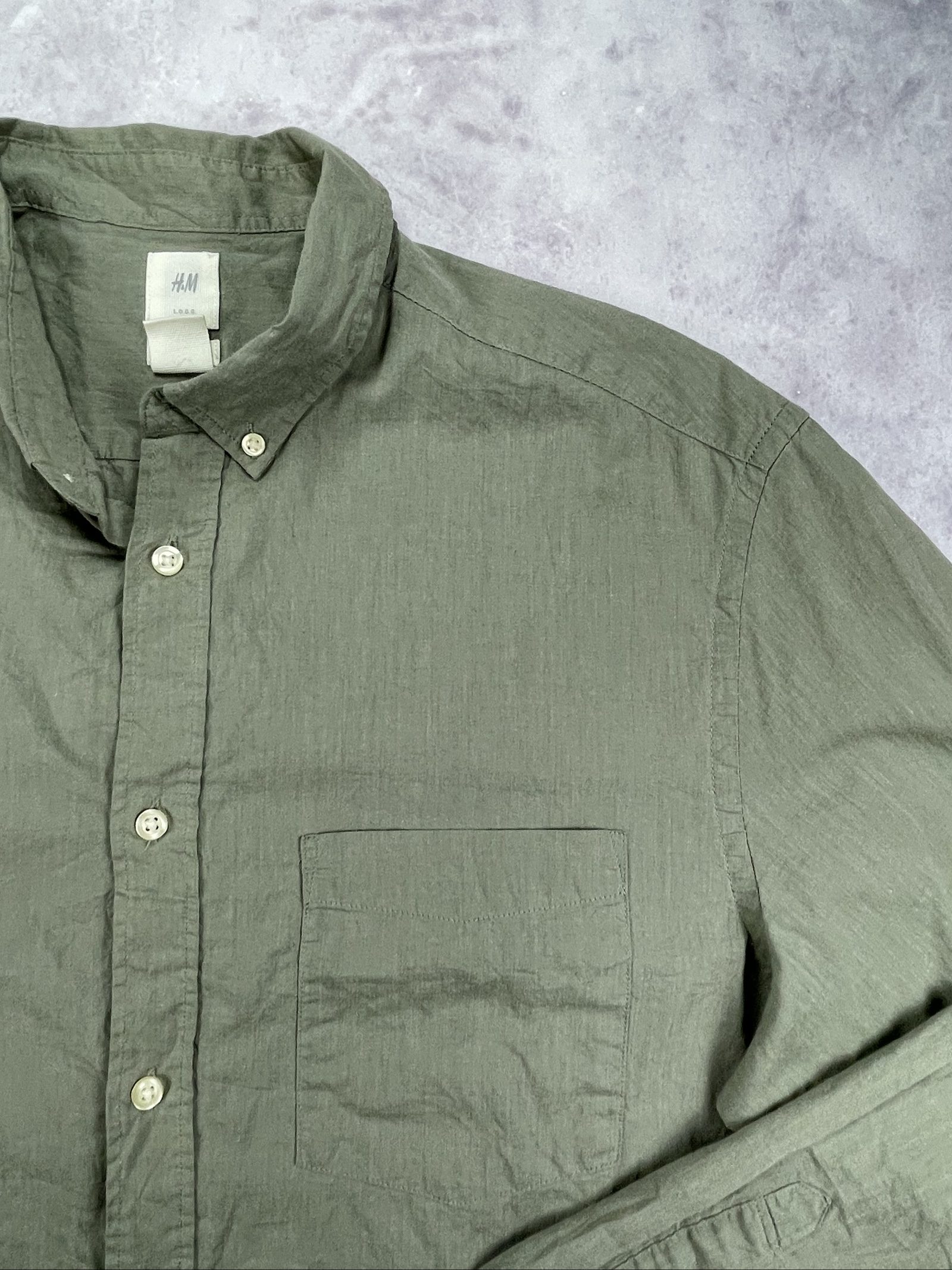 H&M Men's Olive Green Button-Up Linen Shirt Large image 5