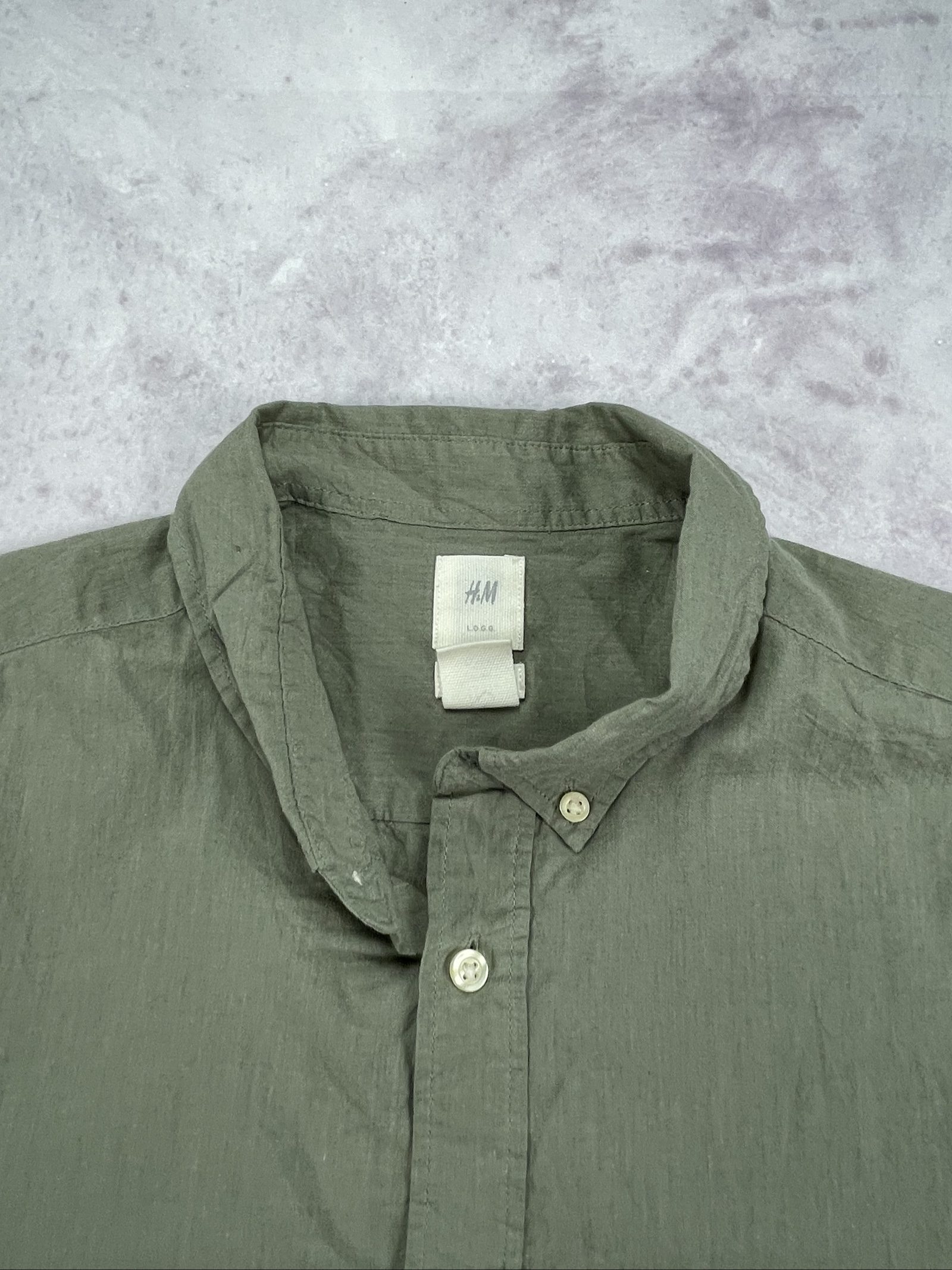H&M Men's Olive Green Button-Up Linen Shirt Large image 6