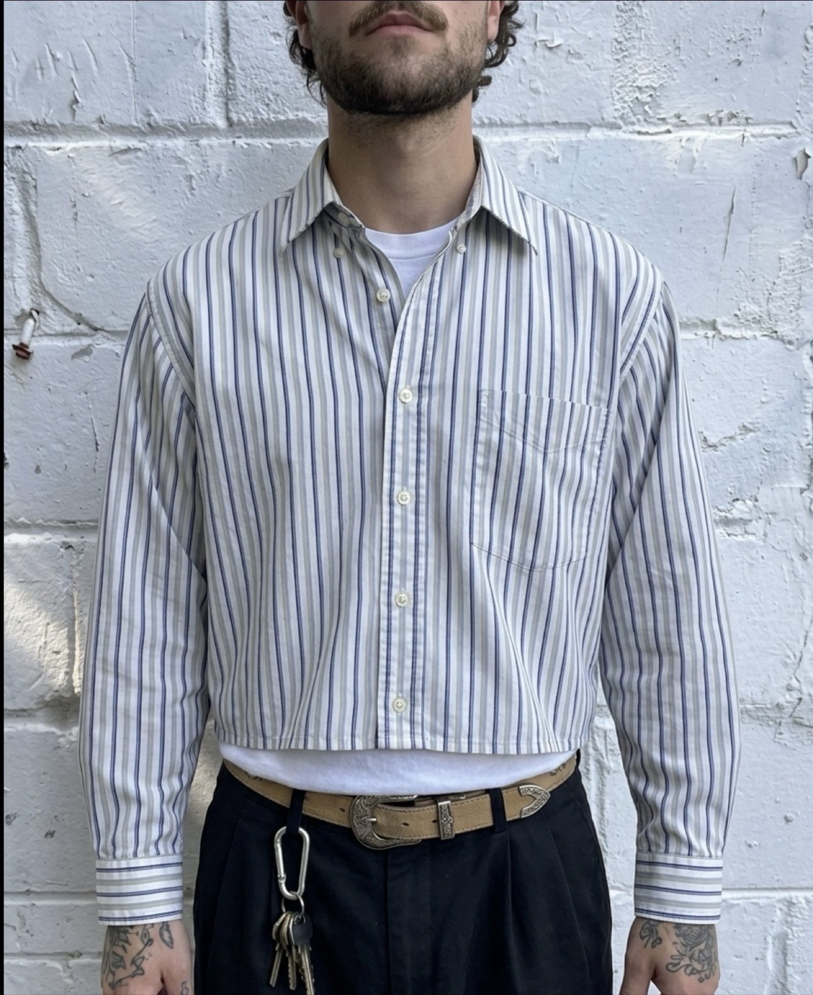 George White, Blue & Beige Striped Button-Up Shirt Large