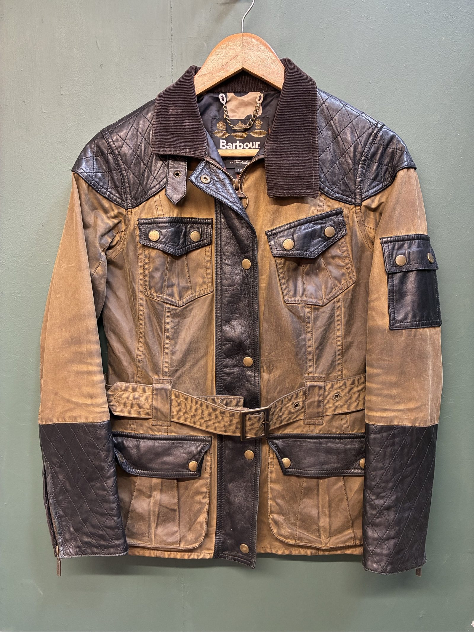 Barbour gold label X Temperley Brown & Black Waxed Cotton & Leather Jacket UK 10
