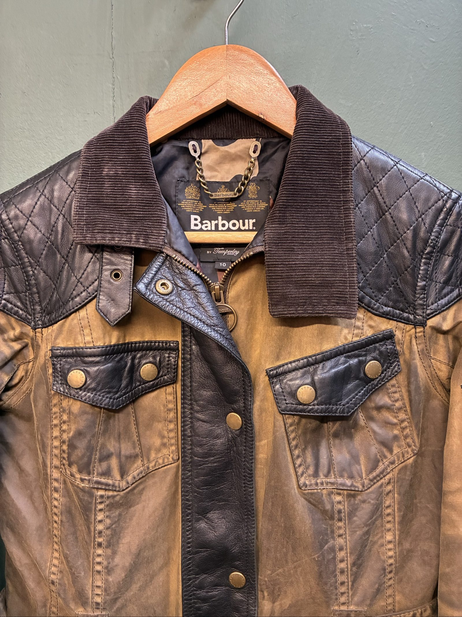 Barbour gold label X Temperley Brown & Black Waxed Cotton & Leather Jacket UK 10 image 3
