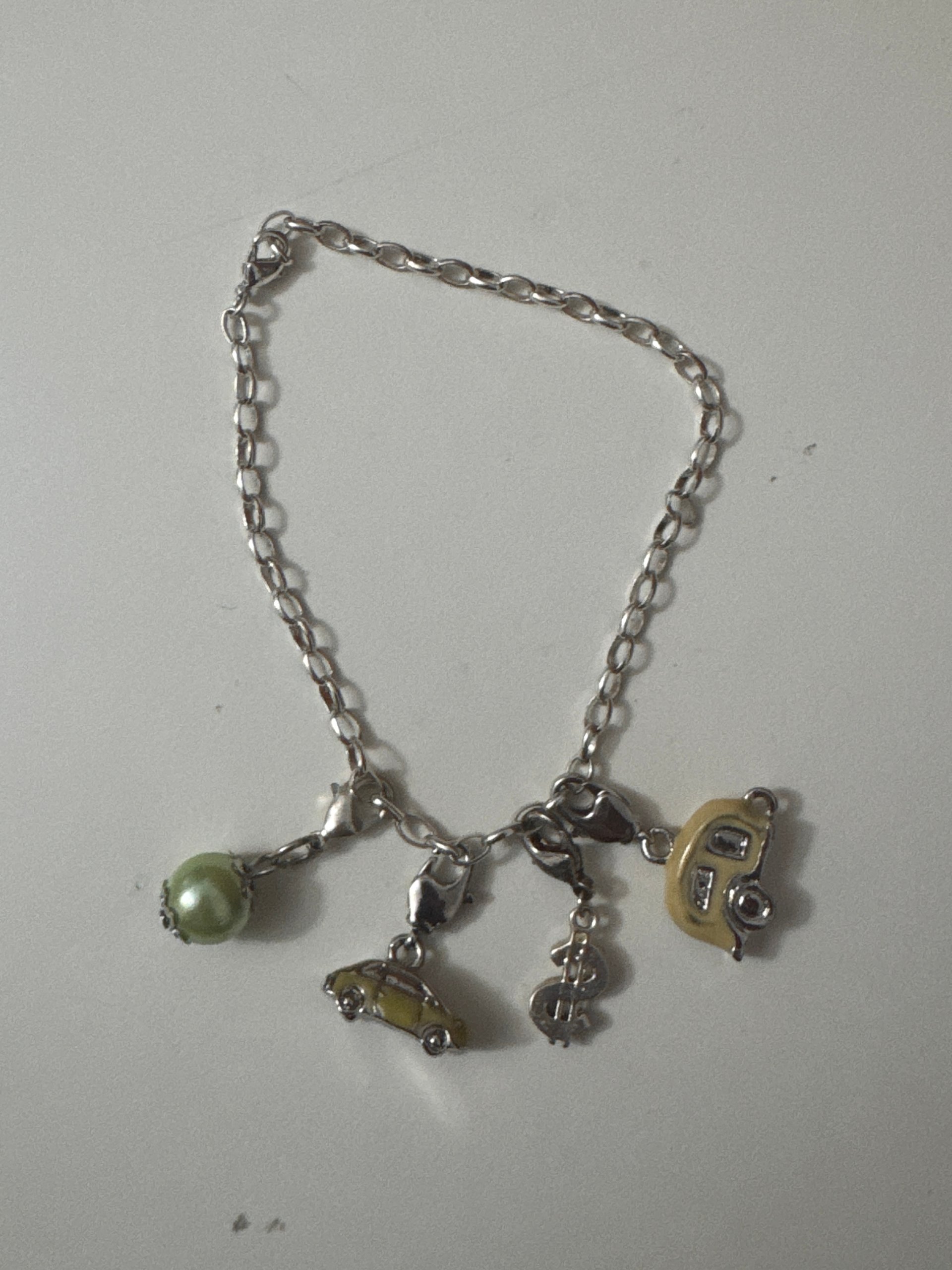Silver-tone Charm Bracelet Yellow Car Green Pearl Unisex Jewel-Ja-7