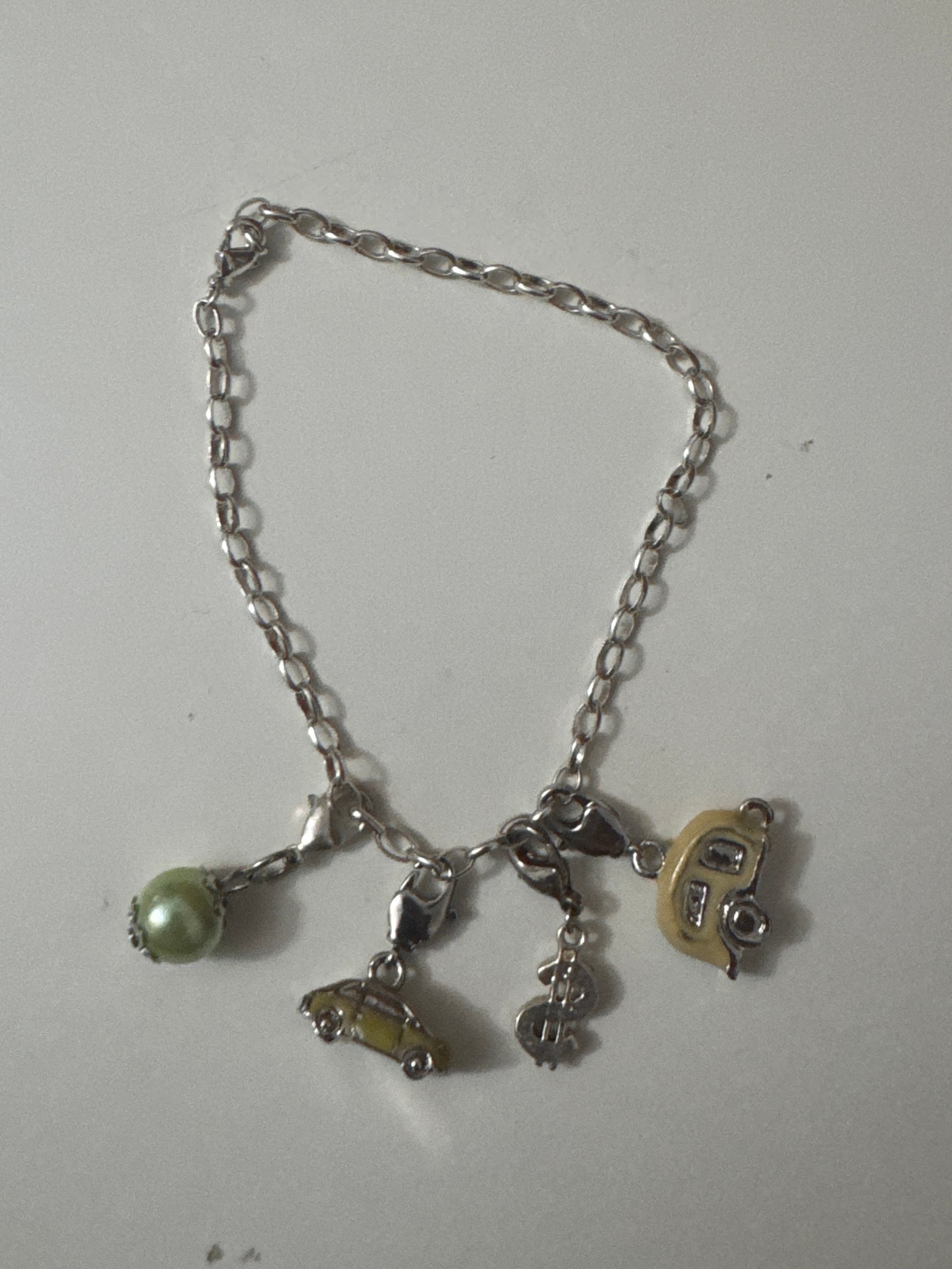 Silver-tone Charm Bracelet Yellow Car Green Pearl Unisex Jewel-Ja-7 image 2