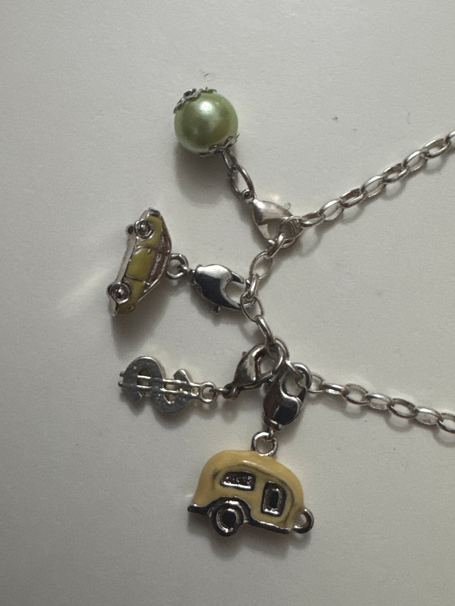 Silver-tone Charm Bracelet Yellow Car Green Pearl Unisex Jewel-Ja-7 image 3