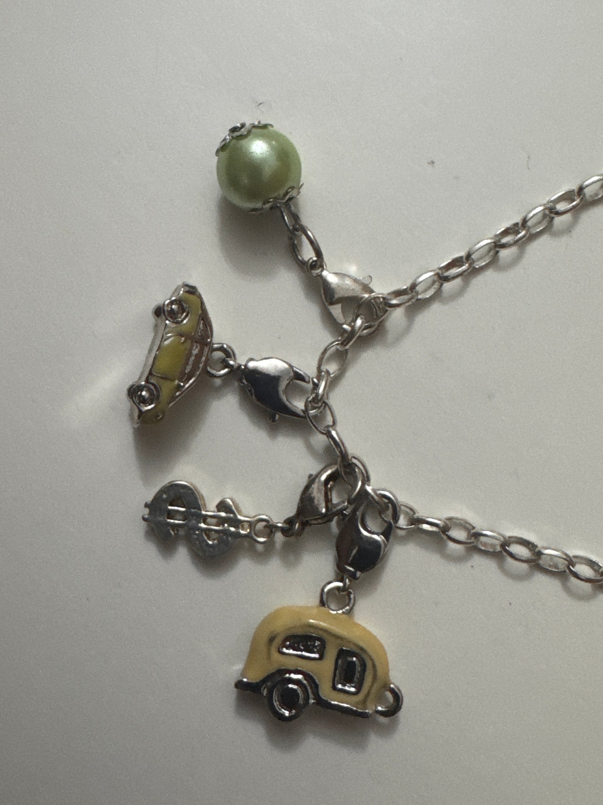 Silver-tone Charm Bracelet Yellow Car Green Pearl Unisex Jewel-Ja-7 image 4