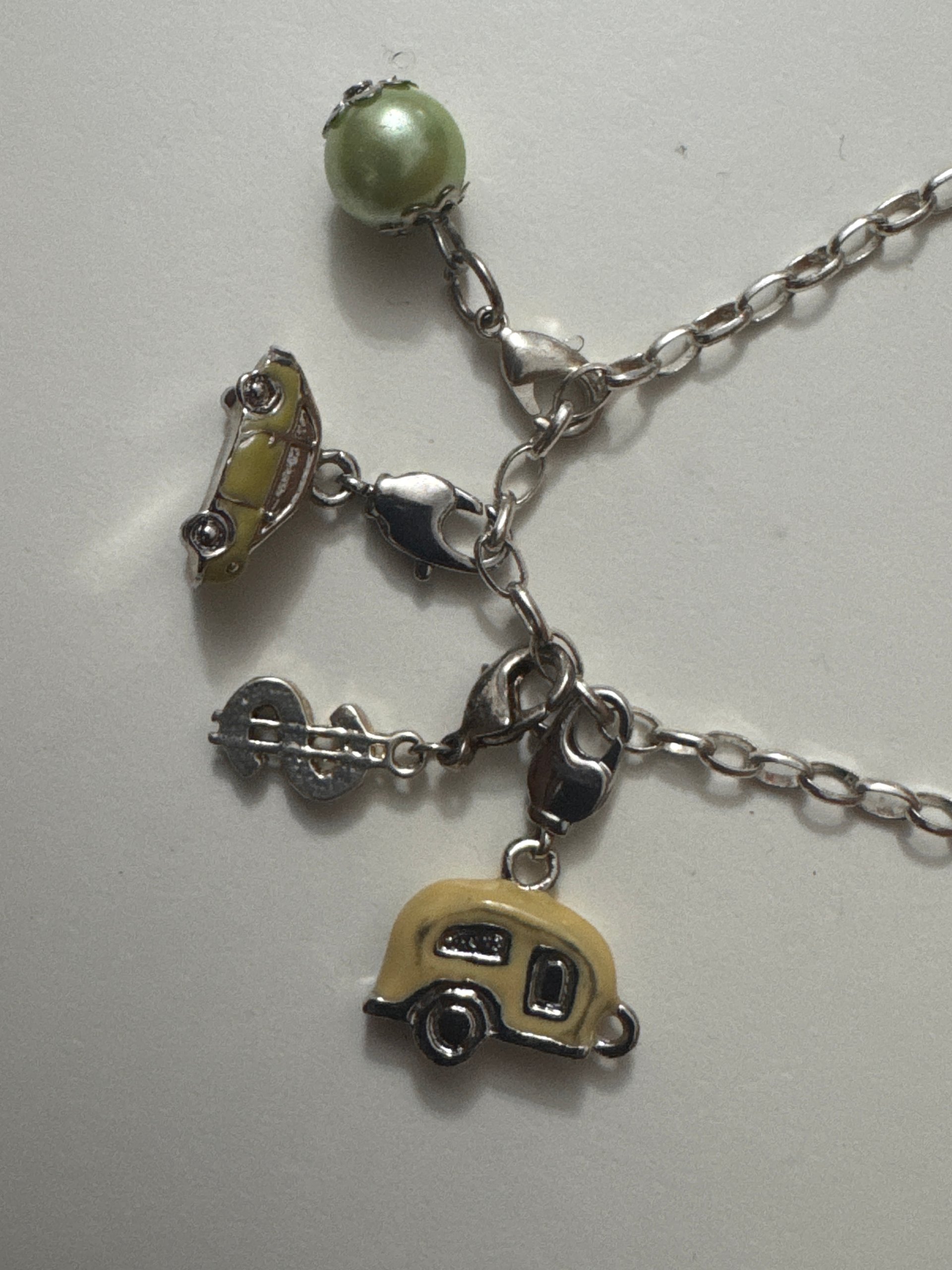 Silver-tone Charm Bracelet Yellow Car Green Pearl Unisex Jewel-Ja-7 image 5