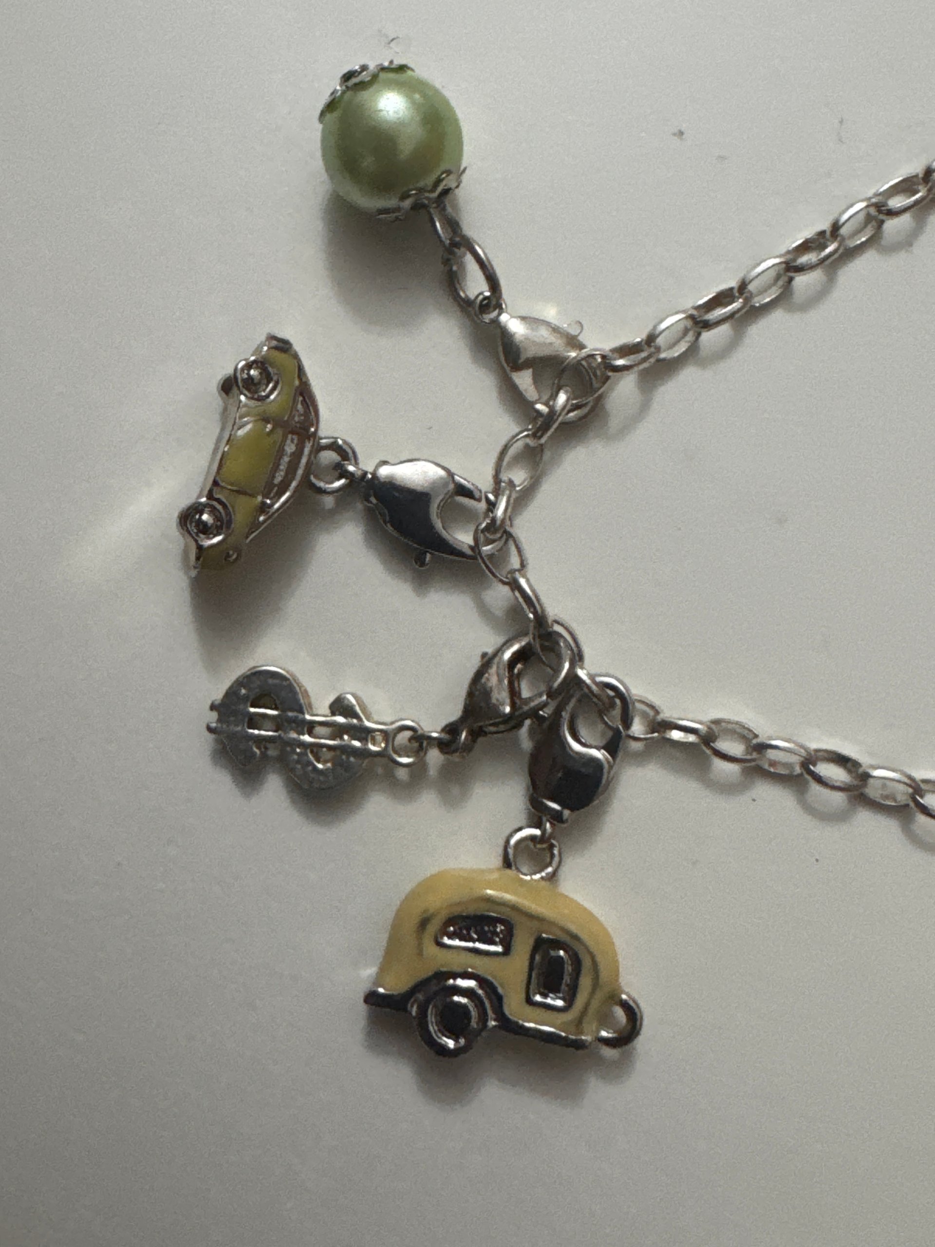 Silver-tone Charm Bracelet Yellow Car Green Pearl Unisex Jewel-Ja-7 image 6
