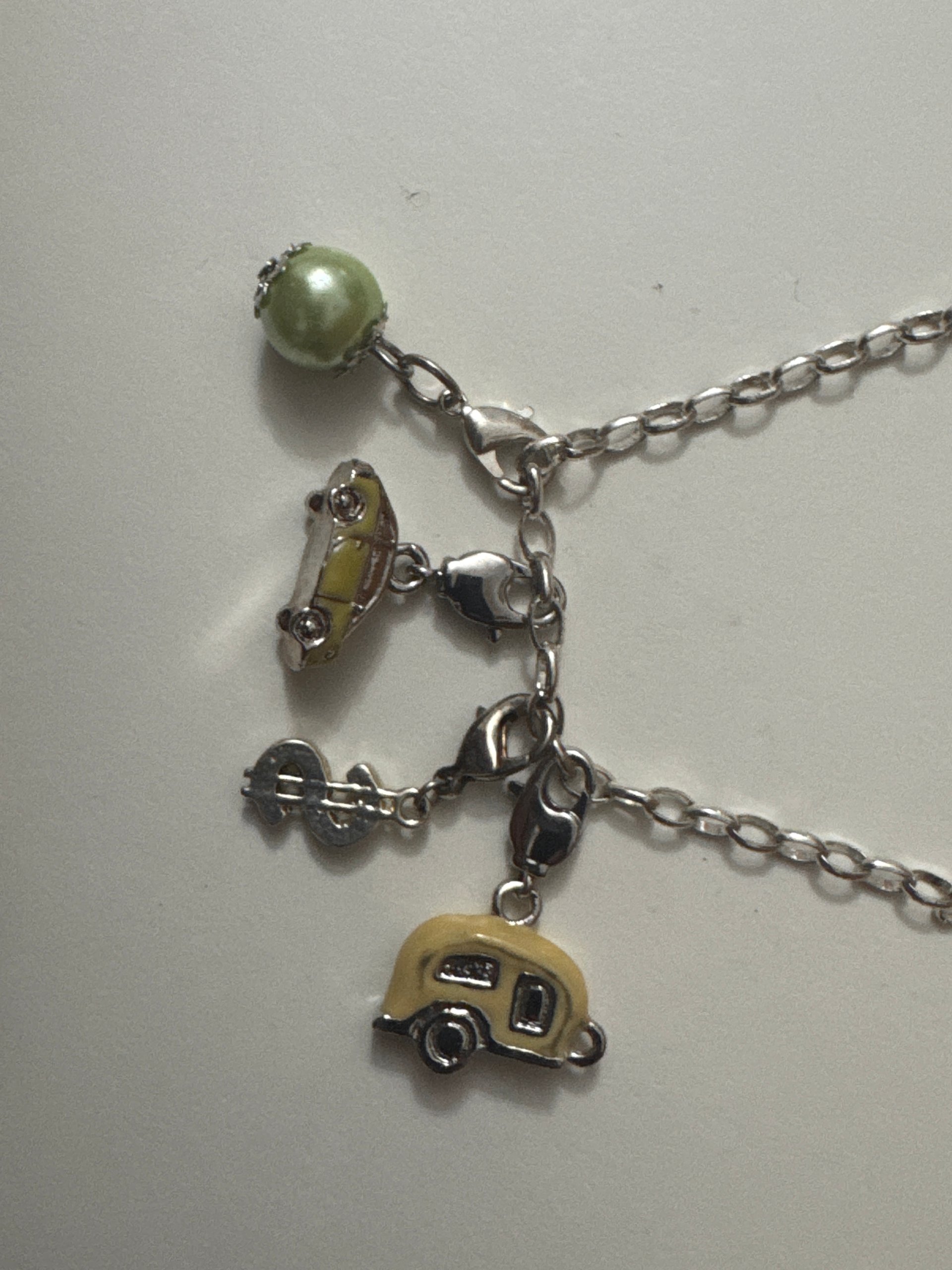 Silver-tone Charm Bracelet Yellow Car Green Pearl Unisex Jewel-Ja-7 image 7