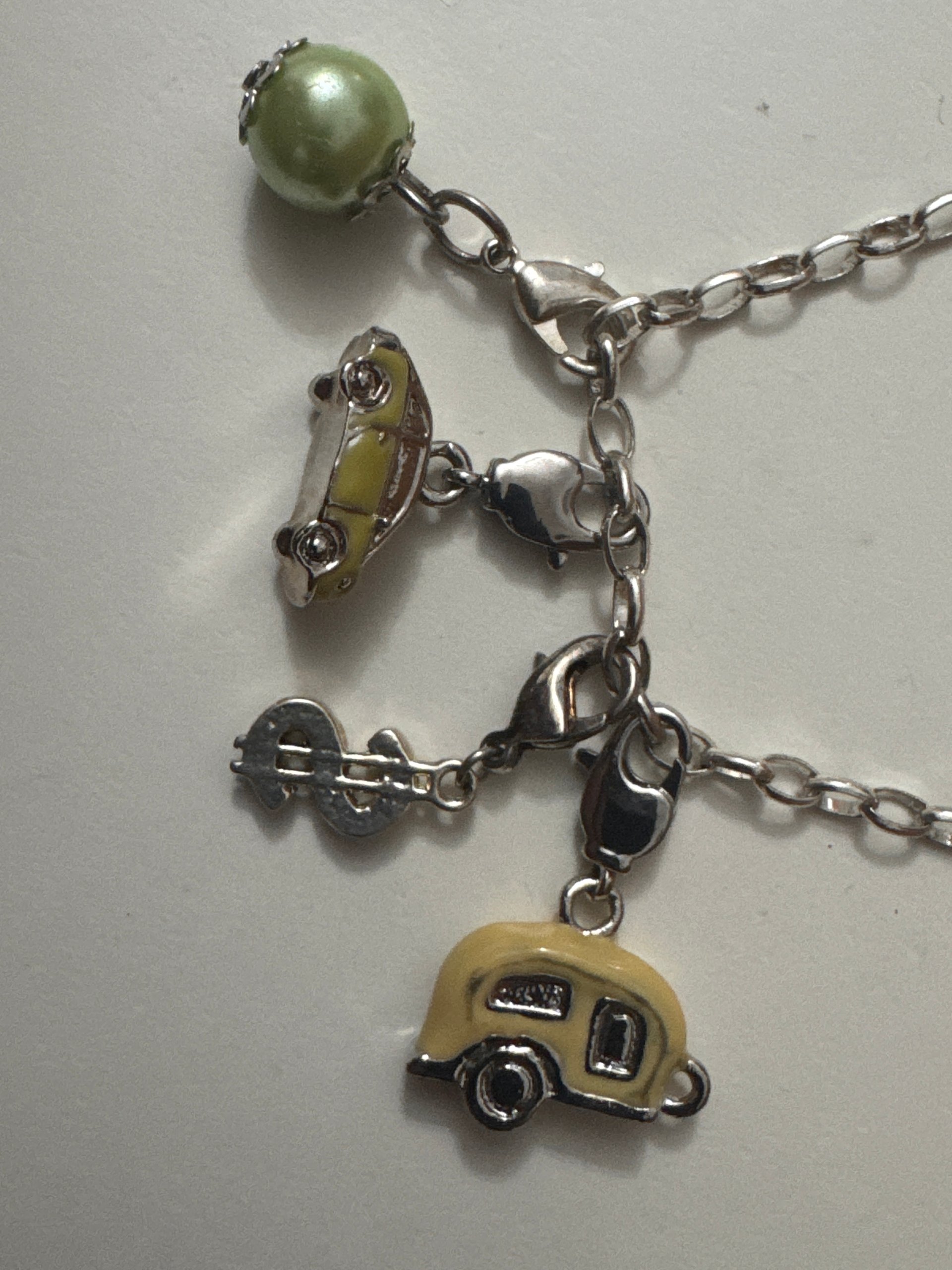 Silver-tone Charm Bracelet Yellow Car Green Pearl Unisex Jewel-Ja-7 image 9