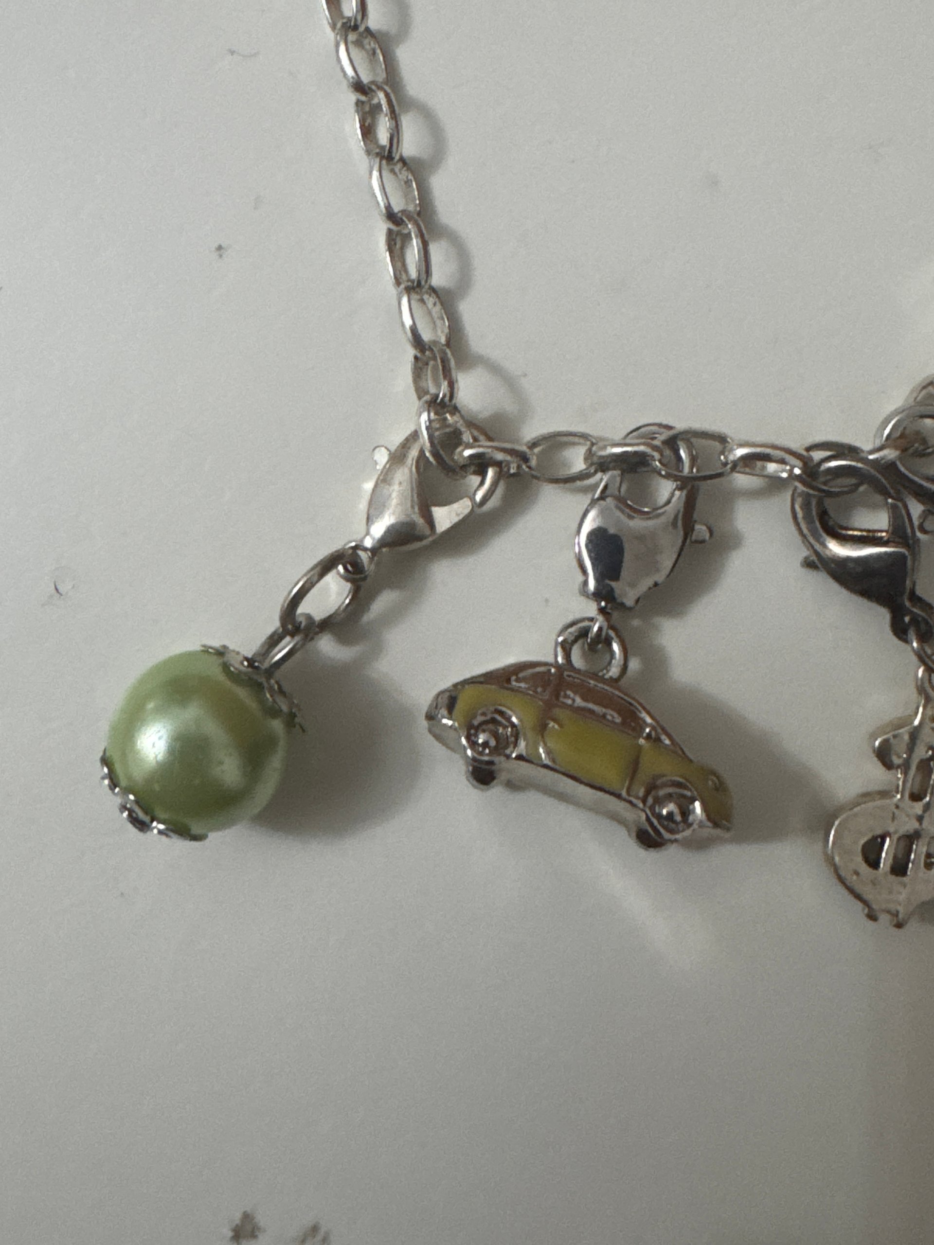 Silver-tone Charm Bracelet Yellow Car Green Pearl Unisex Jewel-Ja-7 image 10