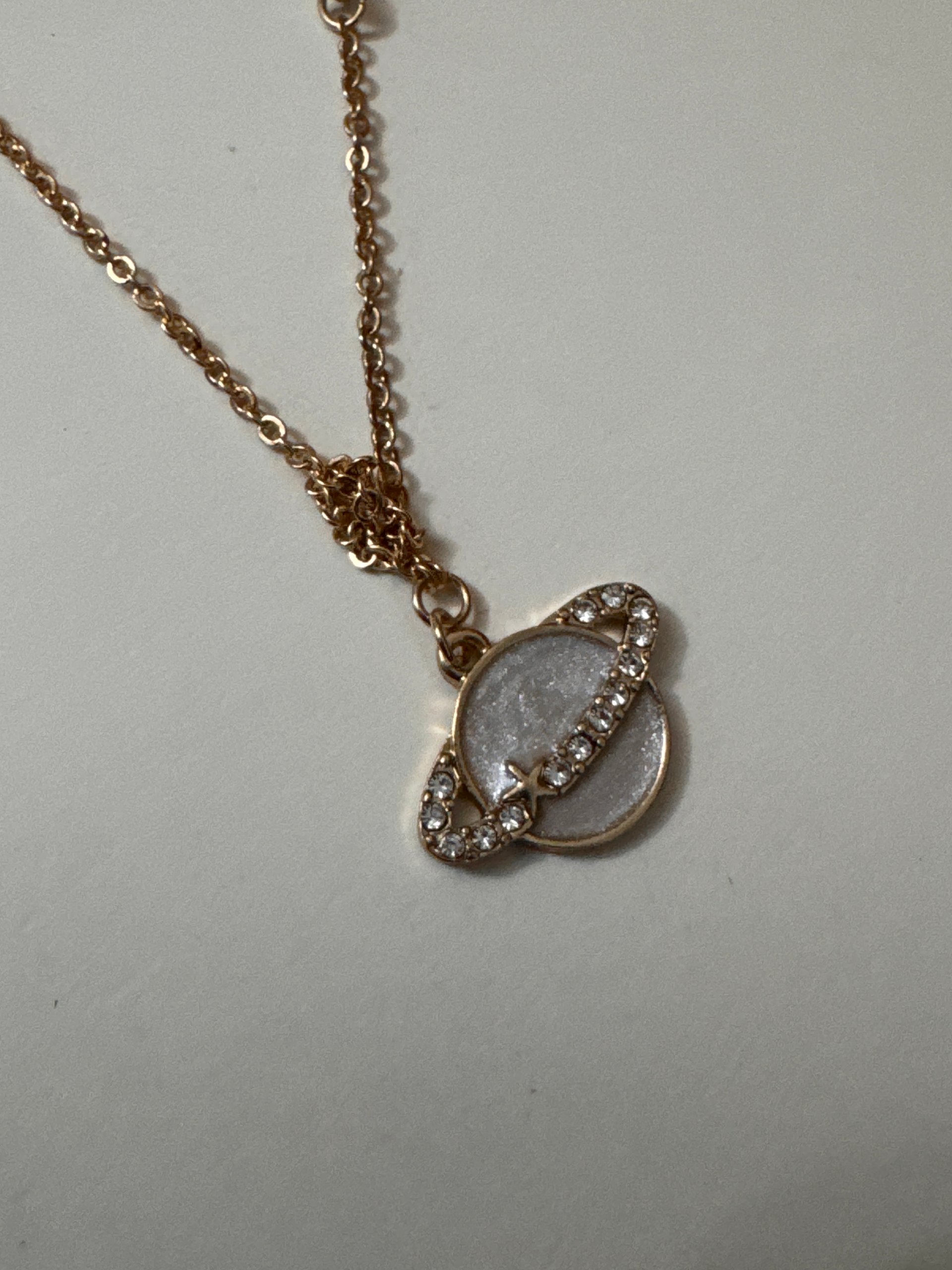 Gold Tone Planet Pendant Necklace with Rhinestones Unisex Jewel-Ja-8