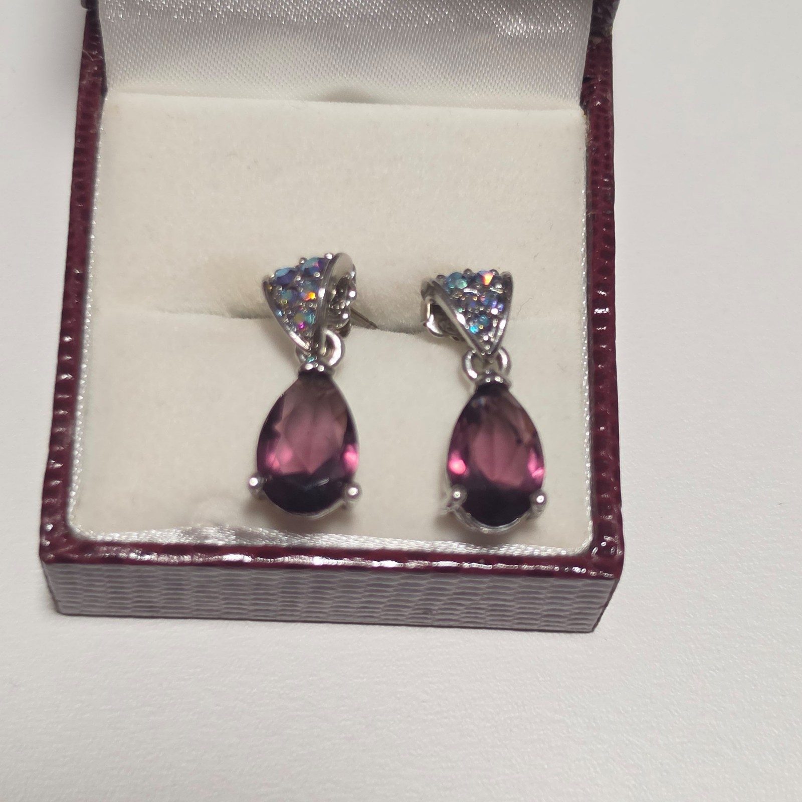 Costume Purple Stone Drop Earrings Silver Tone .b6 image 2