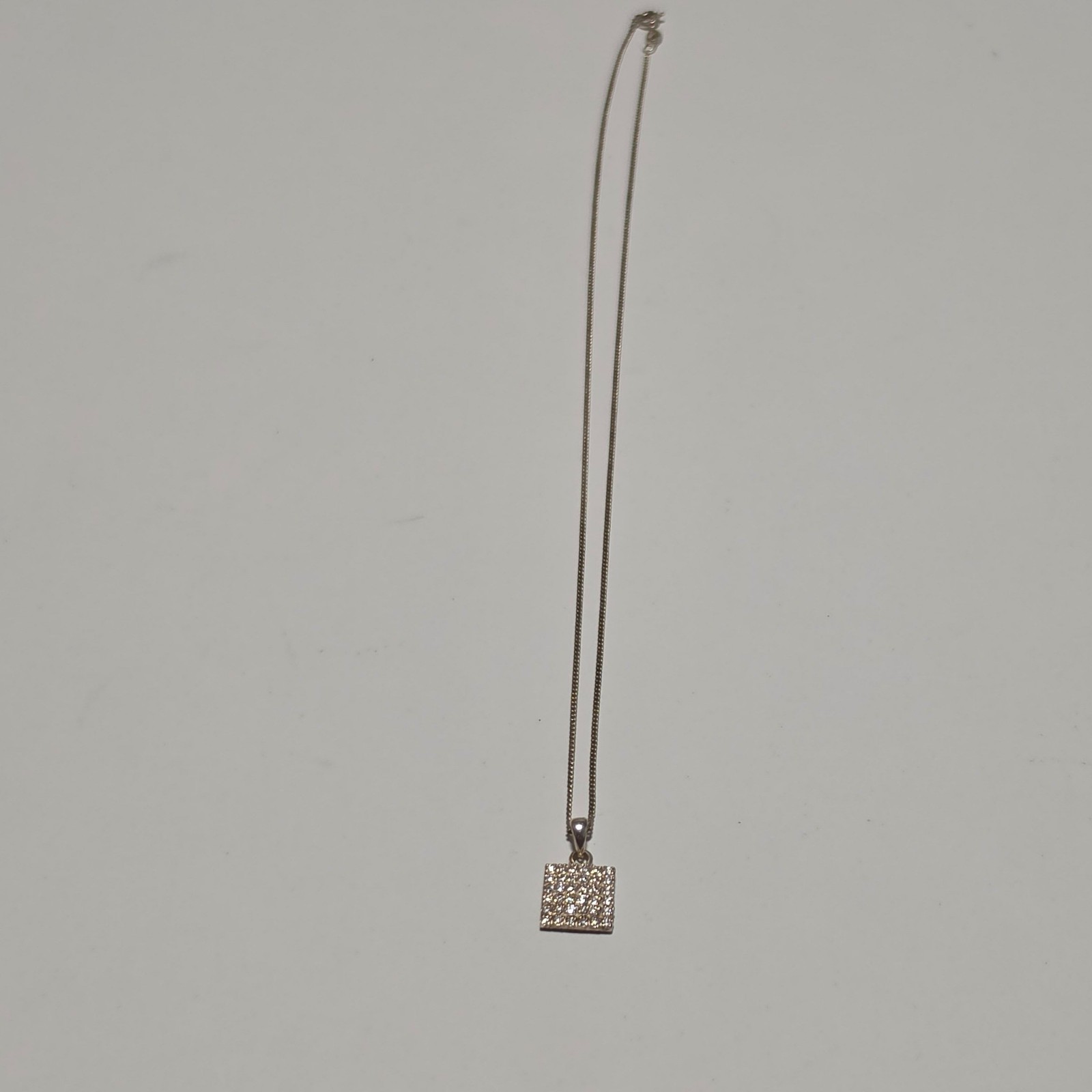 925 Sterling Silver Clear Crystal Square Pendant Necklace.b6