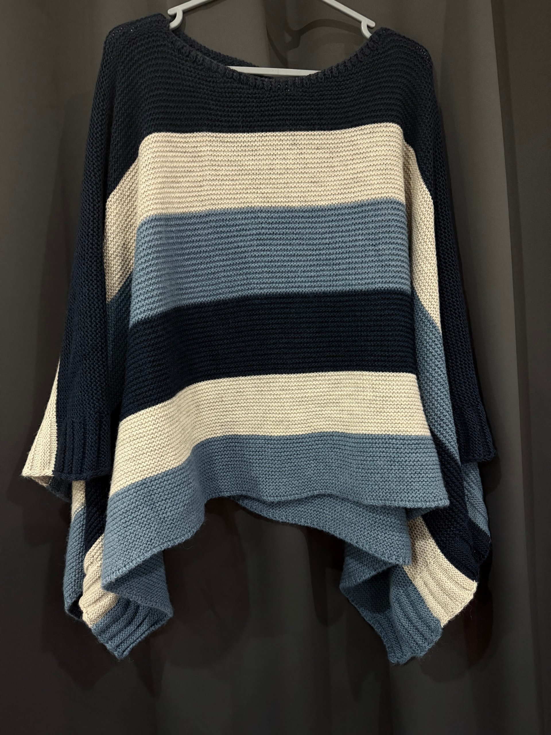 Box2 Navy, Blue & White Striped Knit Poncho One Size Acrylic Wool