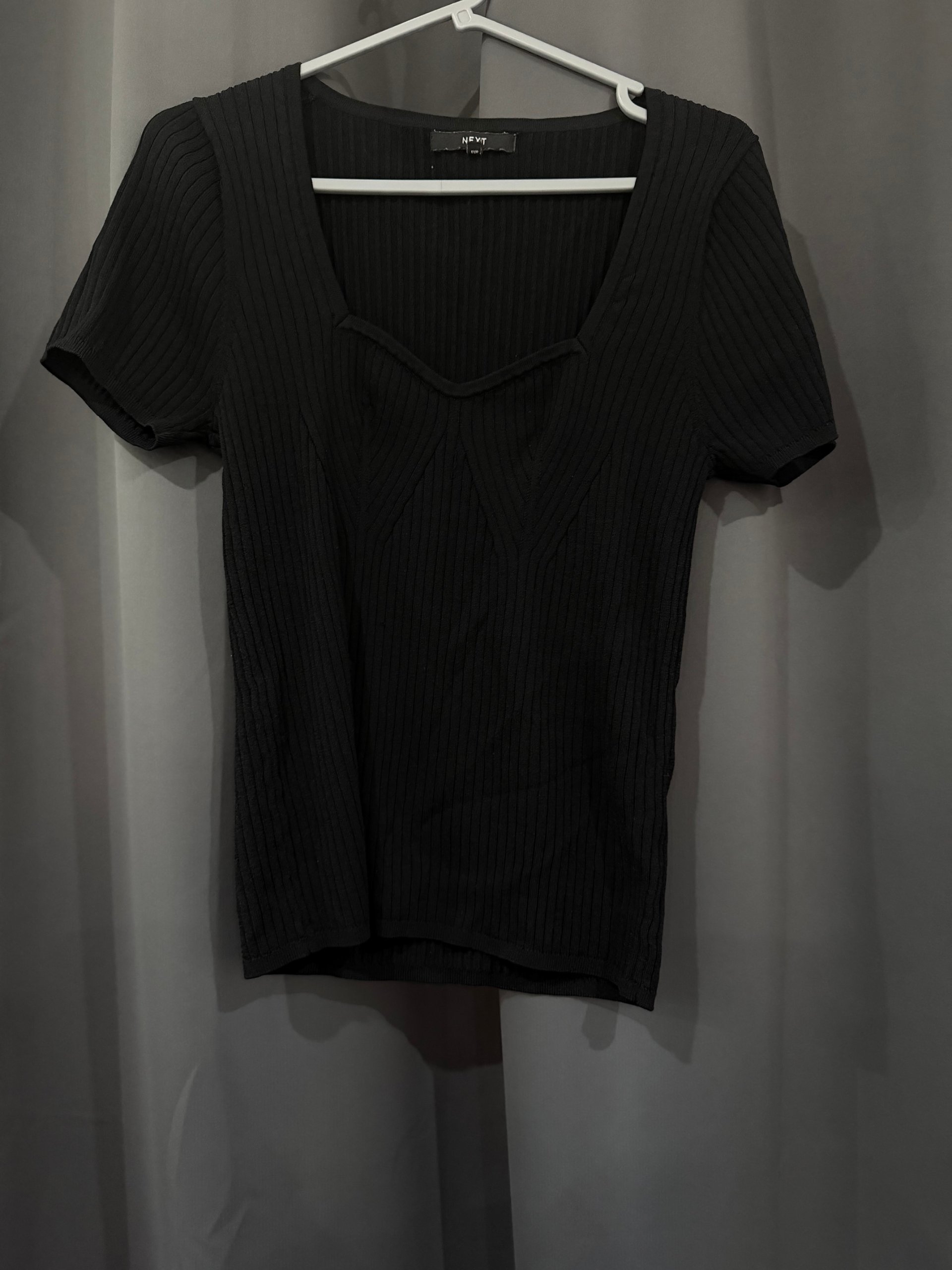 Next Women's Black Ribbed V-Neck Short Sleeve Top Large