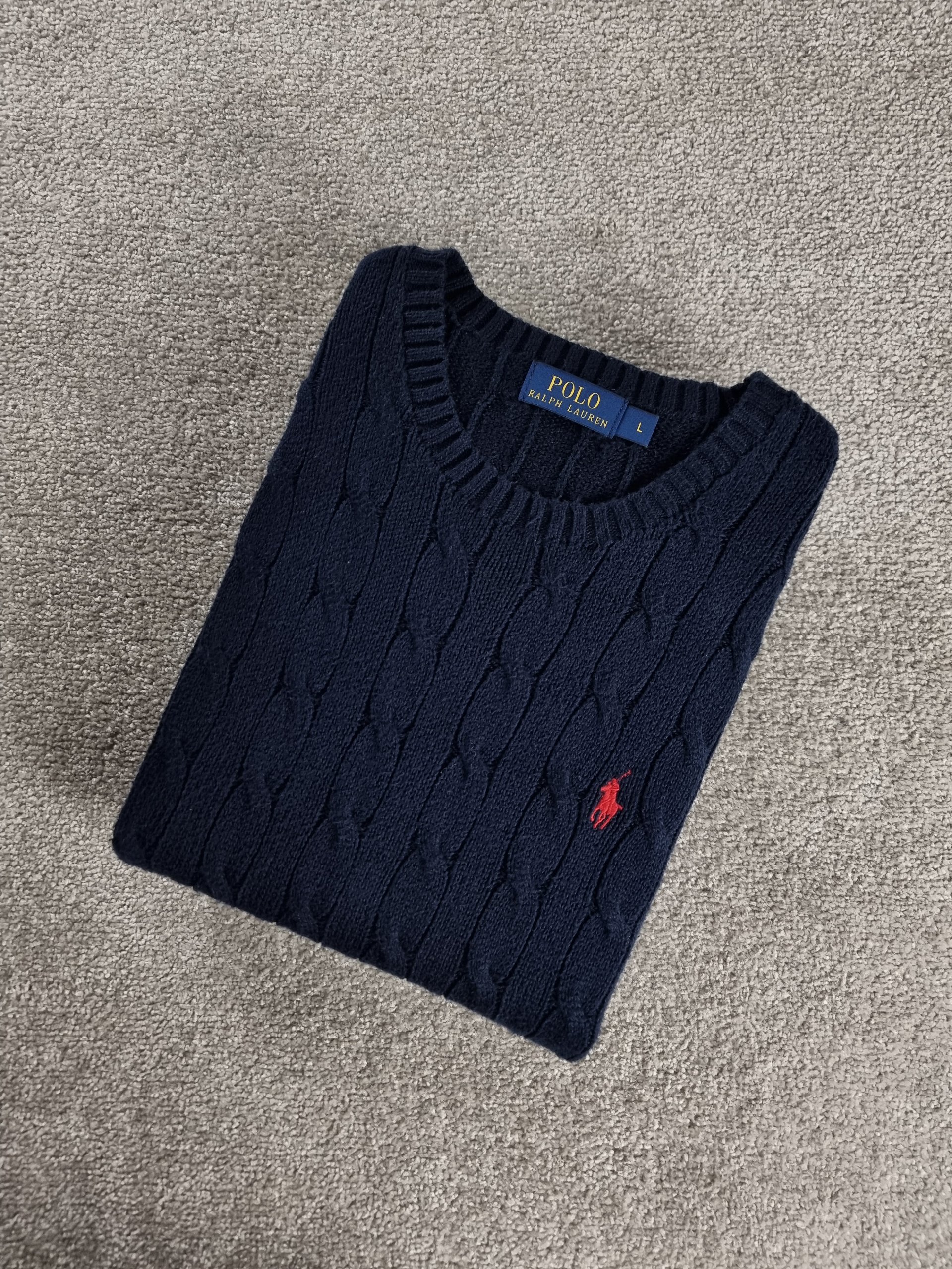 Sweater Cable Knit Polo Ralph Lauren Men L Blue Navy