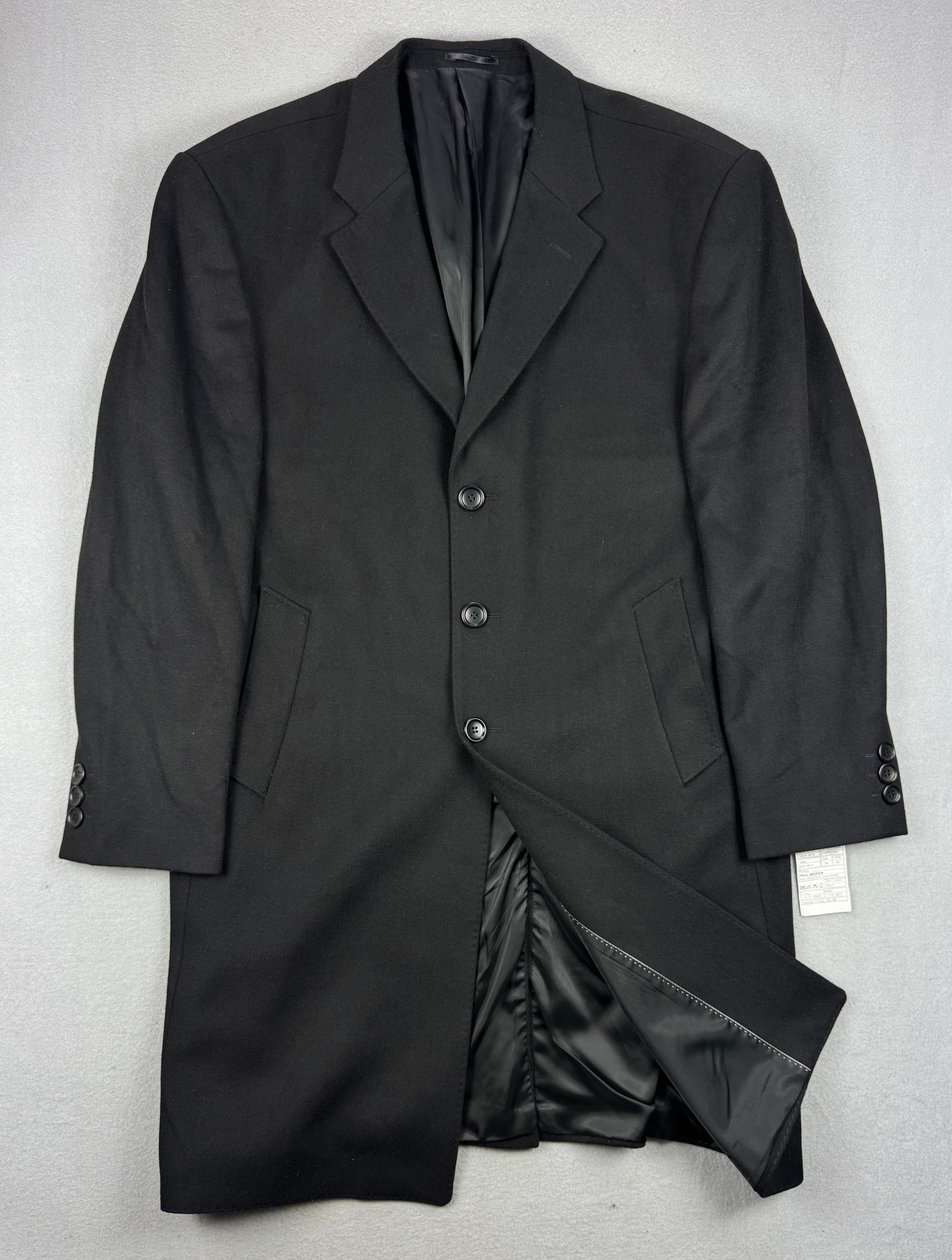 Men`s Paul Becker Black Wool & Cashmere Overcoat Size 58 / XXL